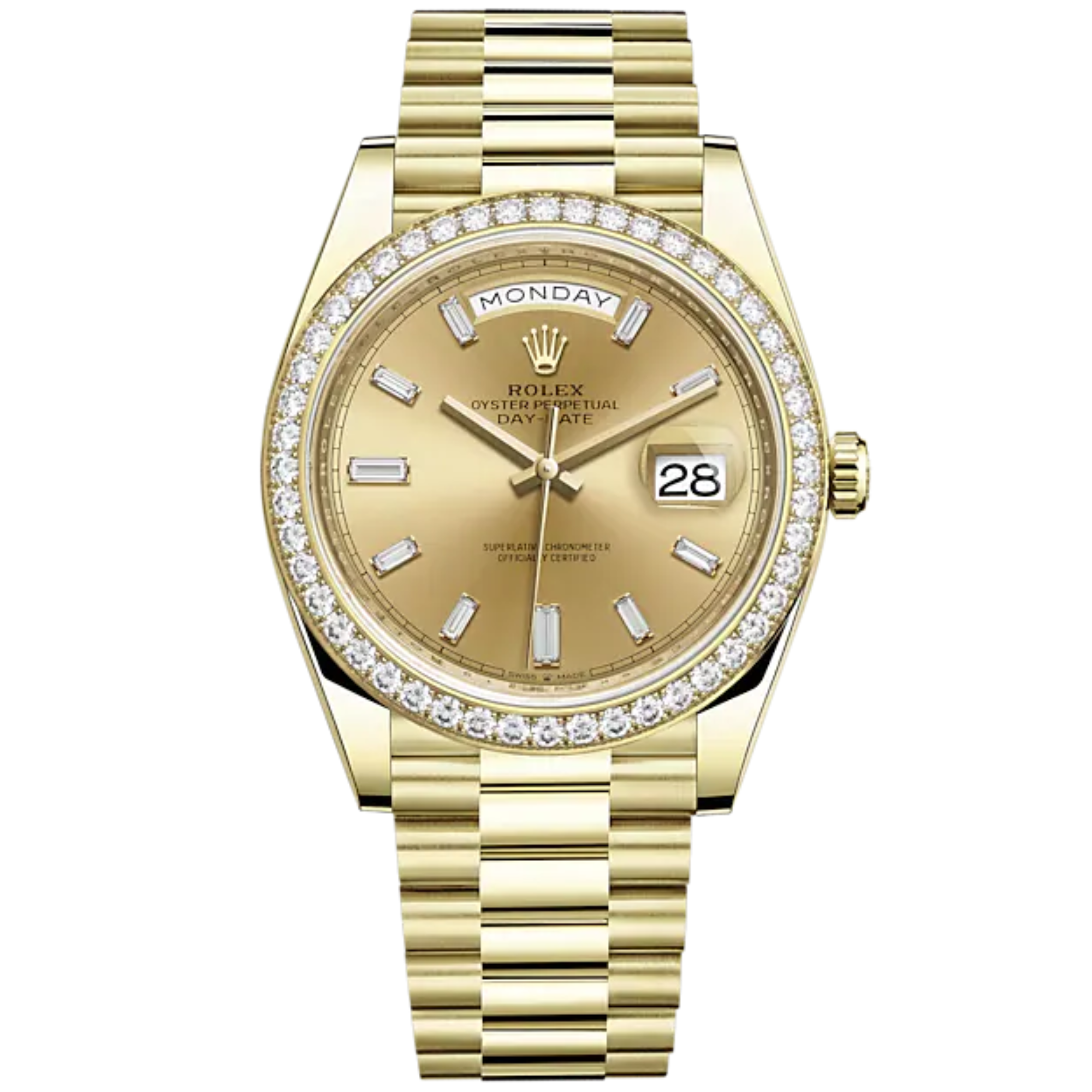 Day-Date 40 40mm President Bracelet and 18 KT Yellow Gold with Champagne-Colour Dial Diamond-Set Dial and Diamond-Set Bezel - Rolex