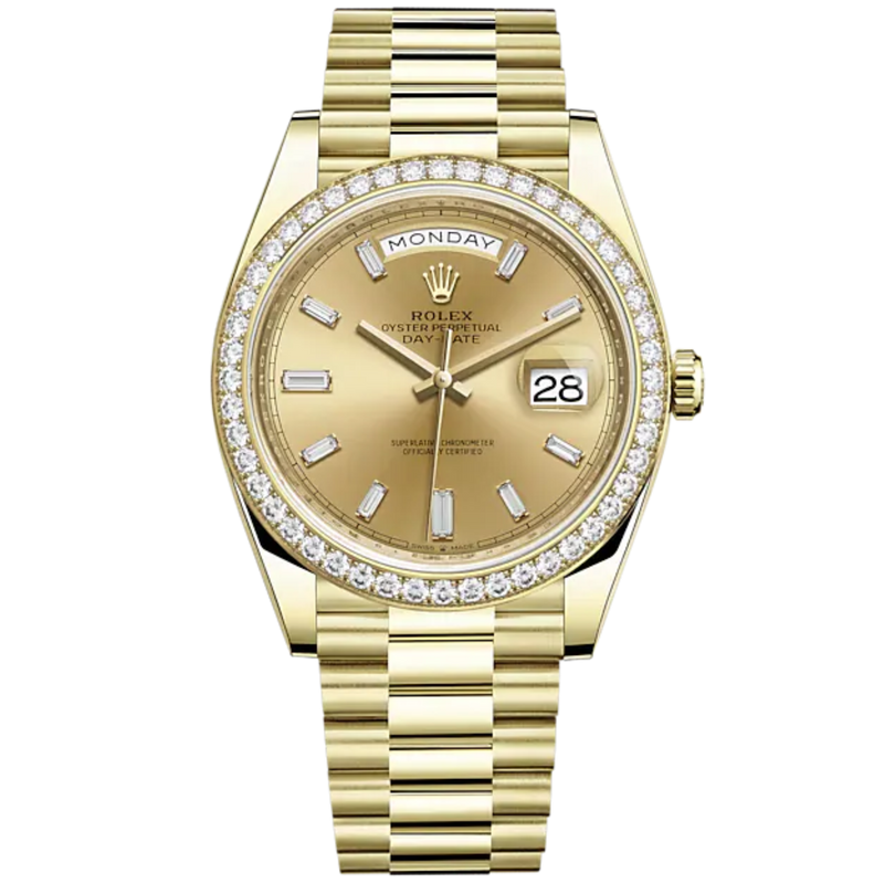 Day-Date 40 40mm President Bracelet and 18 KT Yellow Gold with Champagne-Colour Dial Diamond-Set Dial and Diamond-Set Bezel - Rolex