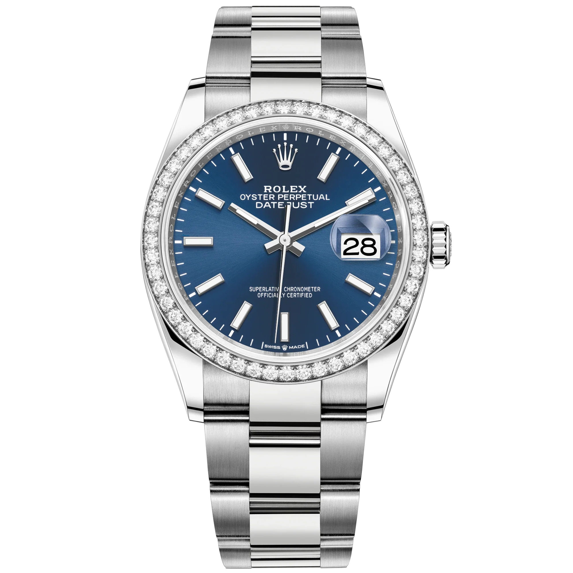 Datejust 36 36mm Oystersteel and White Gold Oyster Bracelet Bright Blue Dial Diamond-set Bezel - Rolex