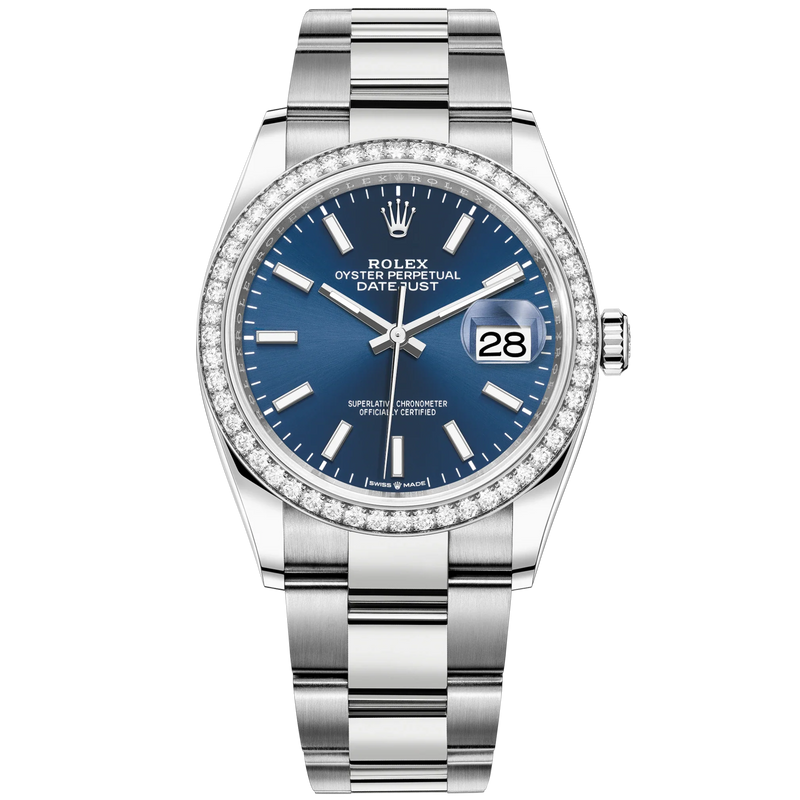 Datejust 36 36mm Oystersteel and White Gold Oyster Bracelet Bright Blue Dial Diamond-set Bezel - Rolex