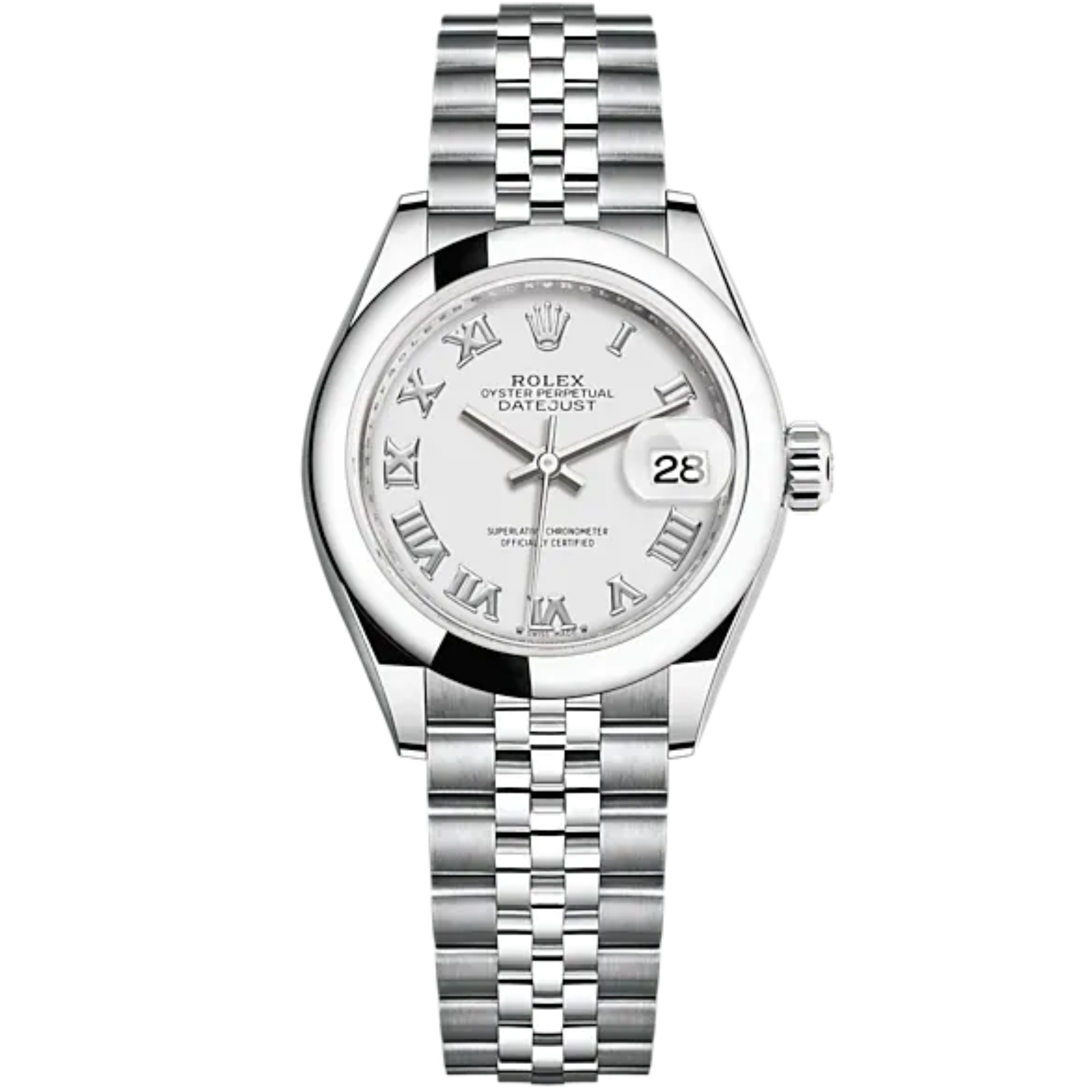 Lady-DateJust 28mm Oystersteel Jubilee Bracelet and White Dial Domed Bezel - Rolex