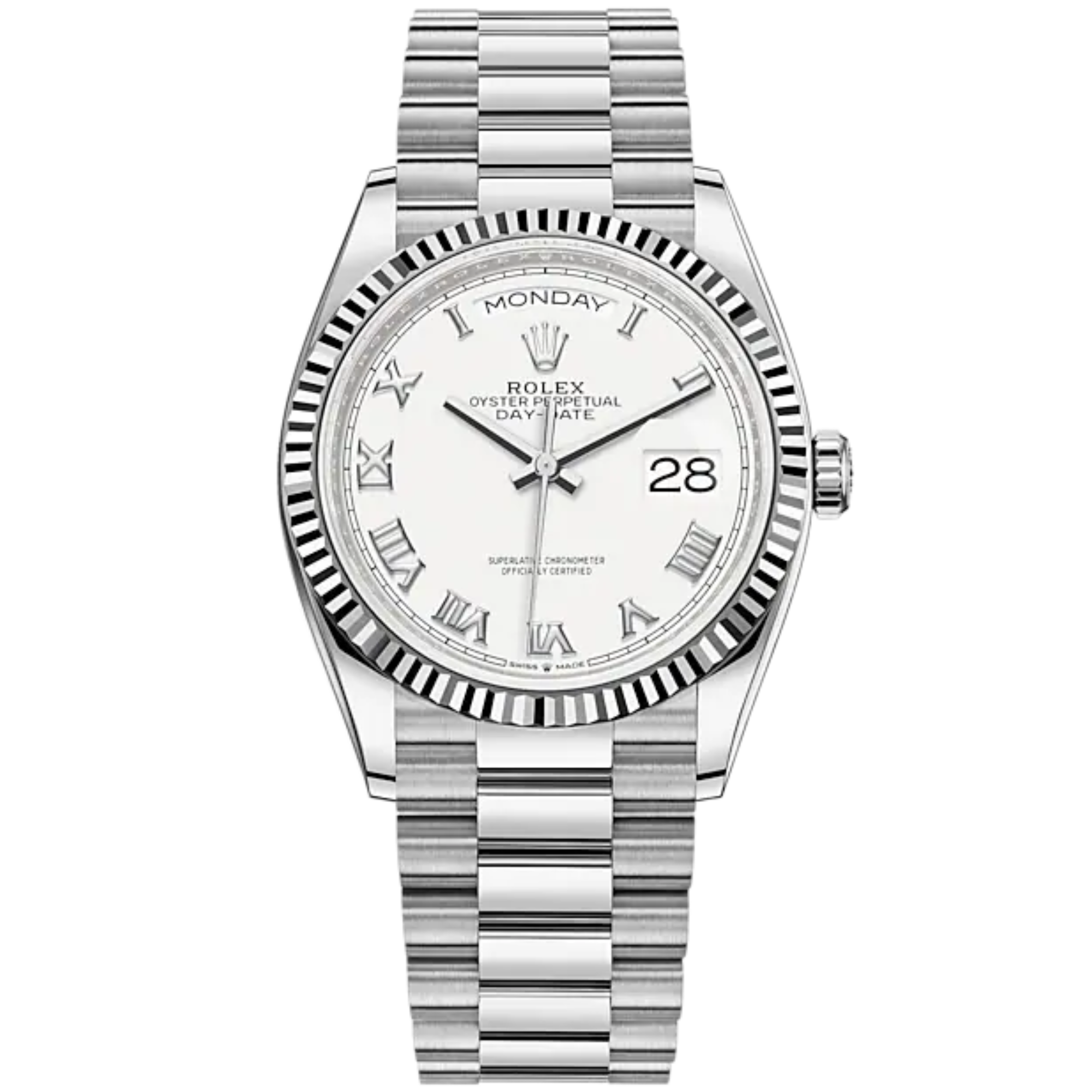 Day-Date 36 36mm President Bracelet and 18 KT White Gold with White Roman Dial Fluted Bezel - Rolex