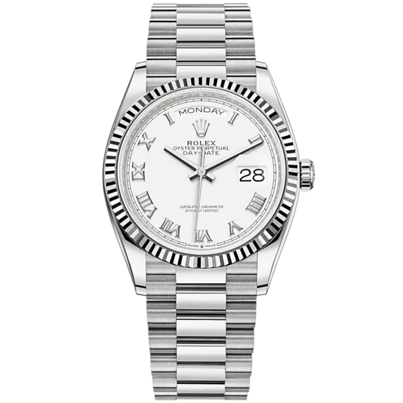 Day-Date 36 36mm President Bracelet and 18 KT White Gold with White Roman Dial Fluted Bezel - Rolex