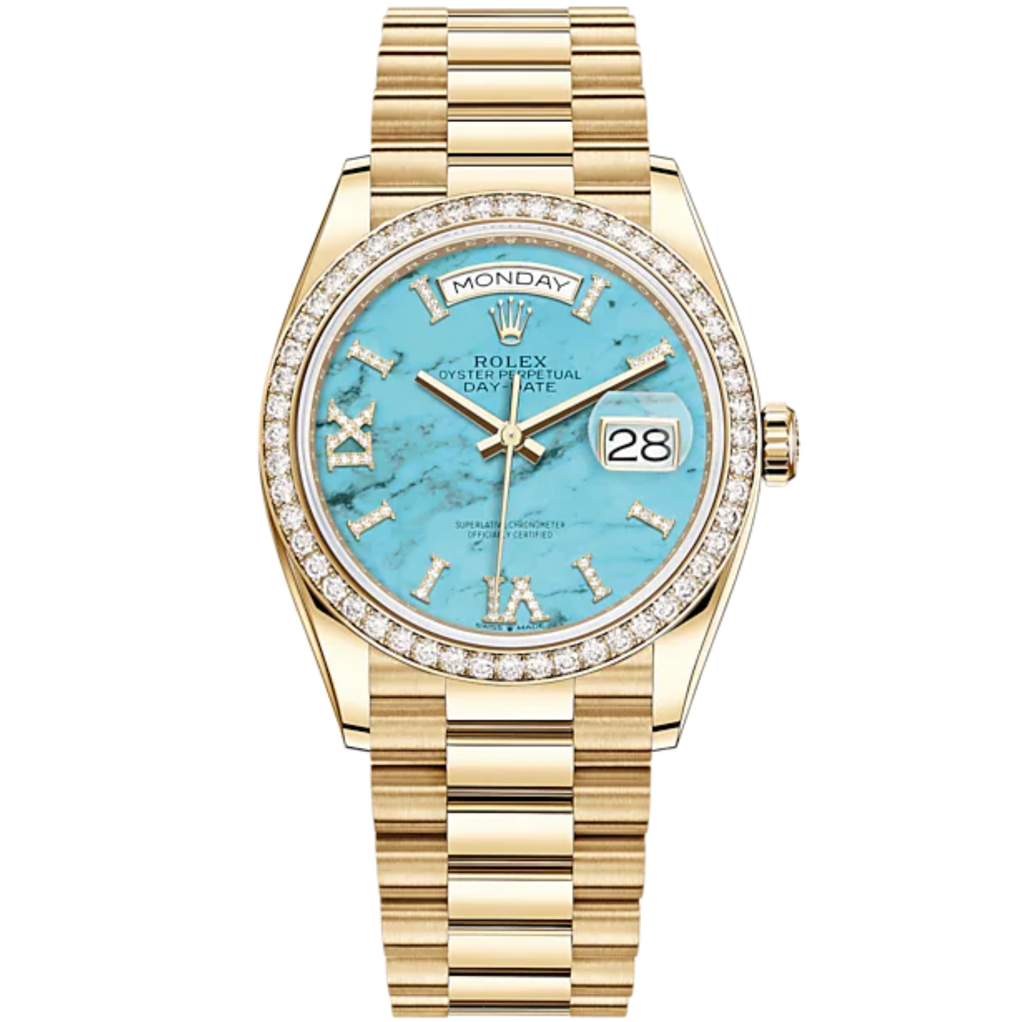 Day-Date 36 36mm President Bracelet and 18 KT Yellow Gold with Turquoise Dial Diamond-Set Bezel - Rolex