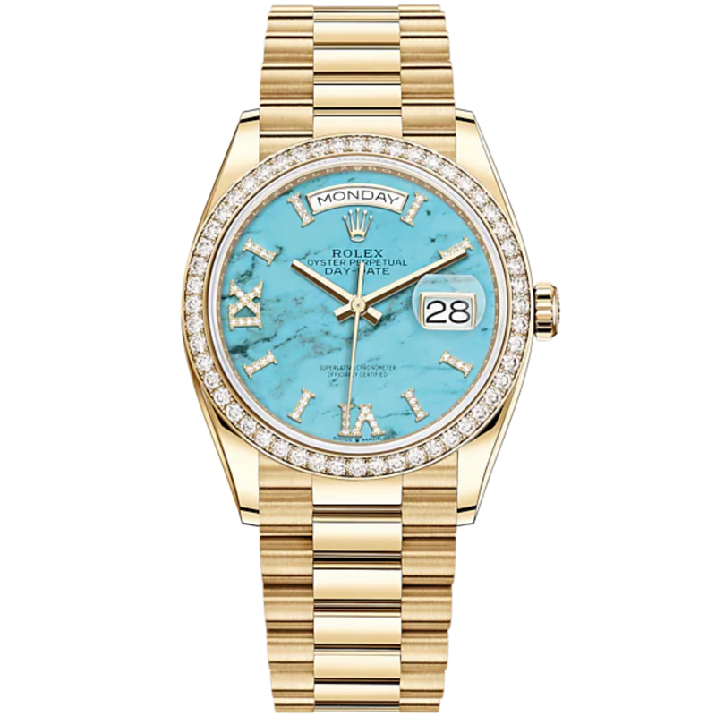 Day-Date 36 36mm President Bracelet and 18 KT Yellow Gold with Turquoise Dial Diamond-Set Bezel - Rolex