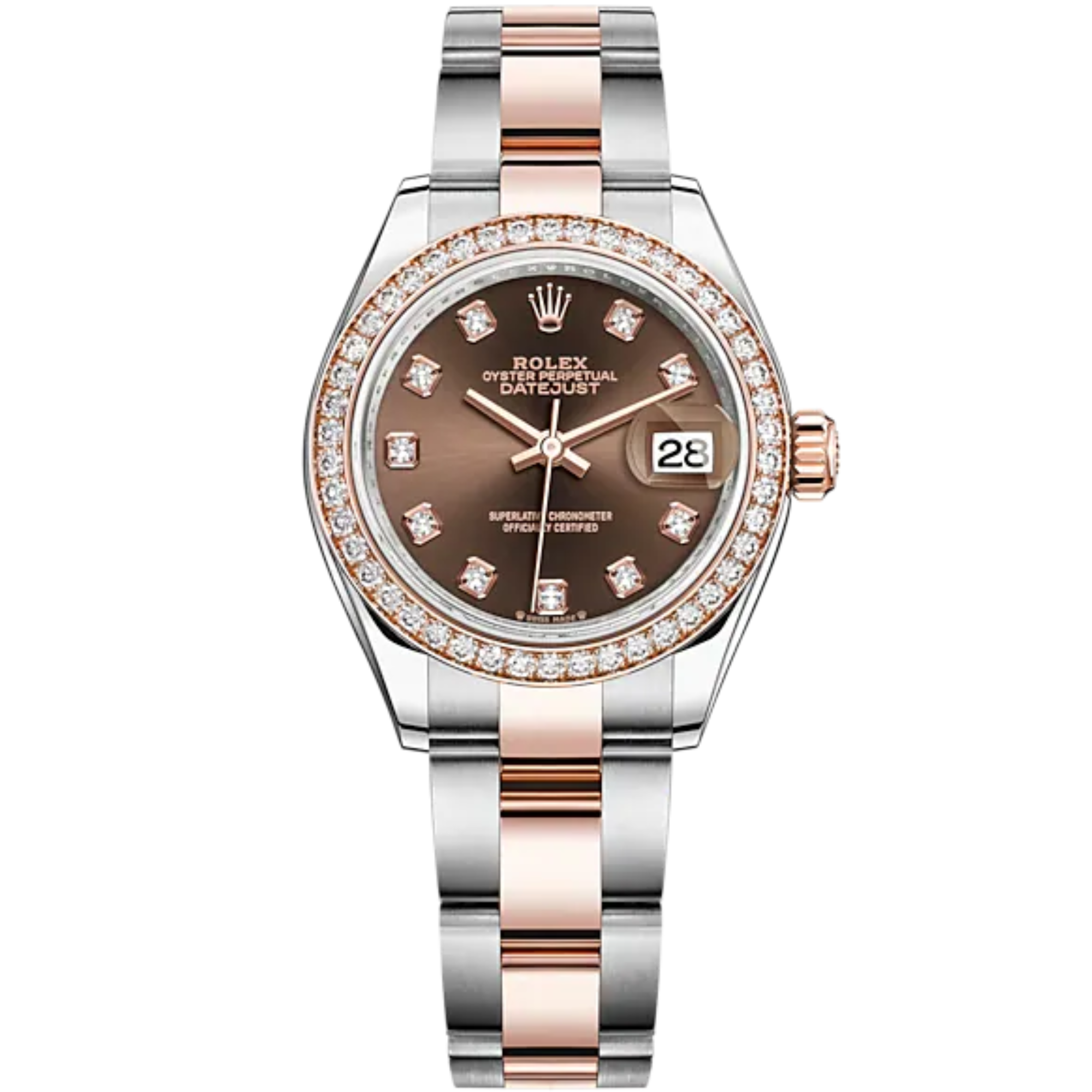 Lady-DateJust 28mm Oyster Oystersteel Bracelet and Everose Gold with Chocolate Diamond-Set Dial and Diamond-Set Bezel - Rolex