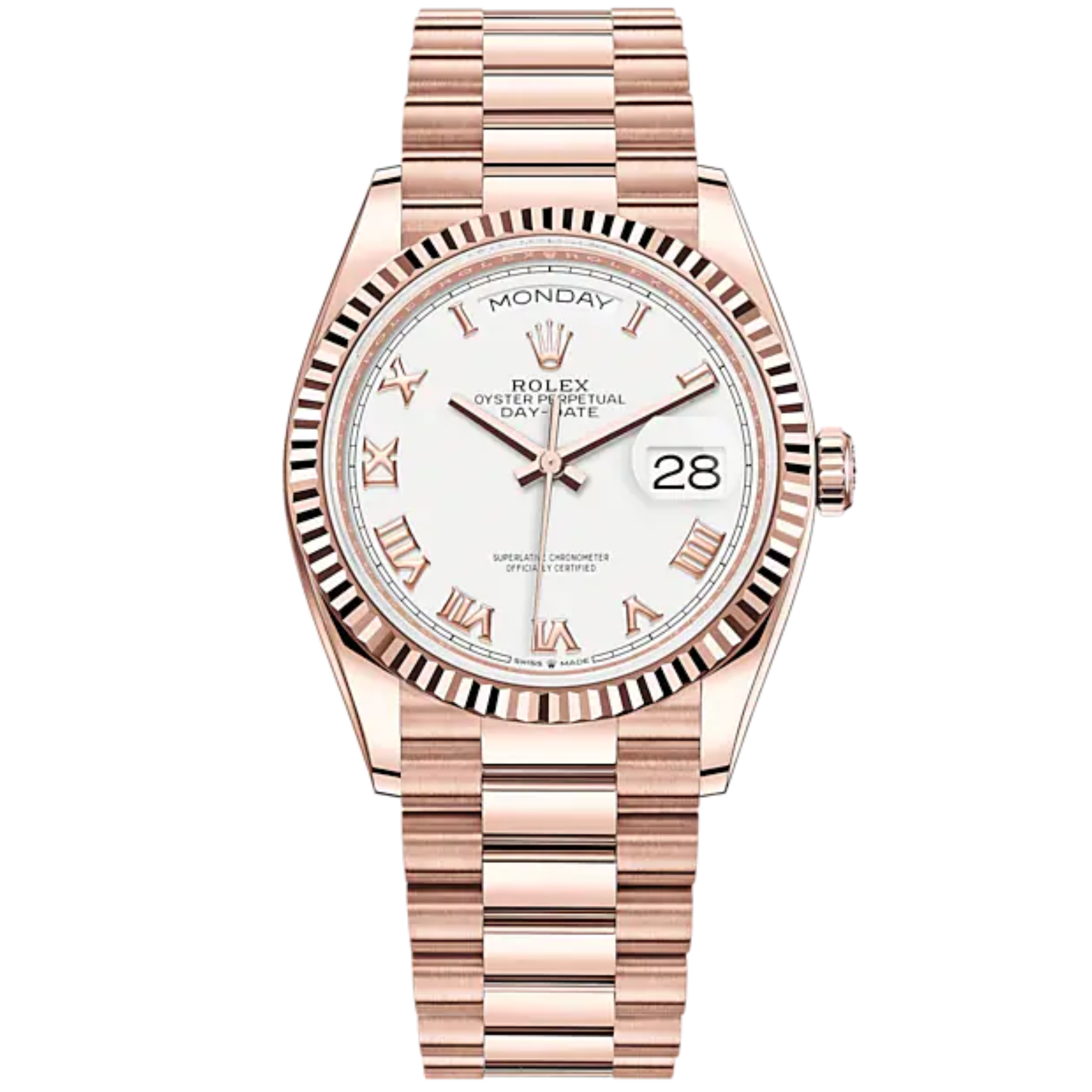 Day-Date 36 36mm President Bracelet and 18 KT Everose Gold with White Dial Fluted Bezel - Rolex