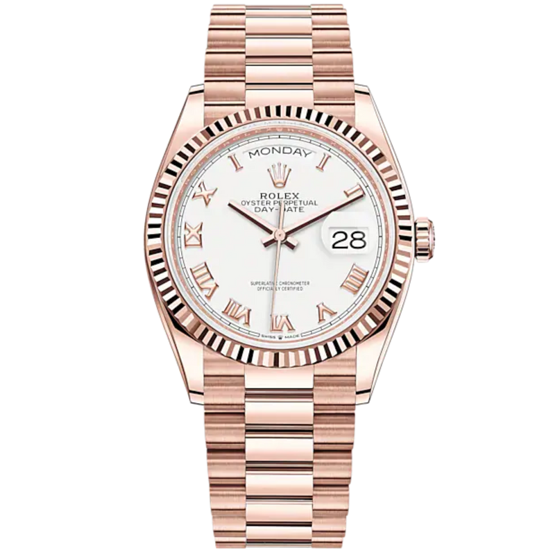 Day-Date 36 36mm President Bracelet and 18 KT Everose Gold with White Dial Fluted Bezel - Rolex