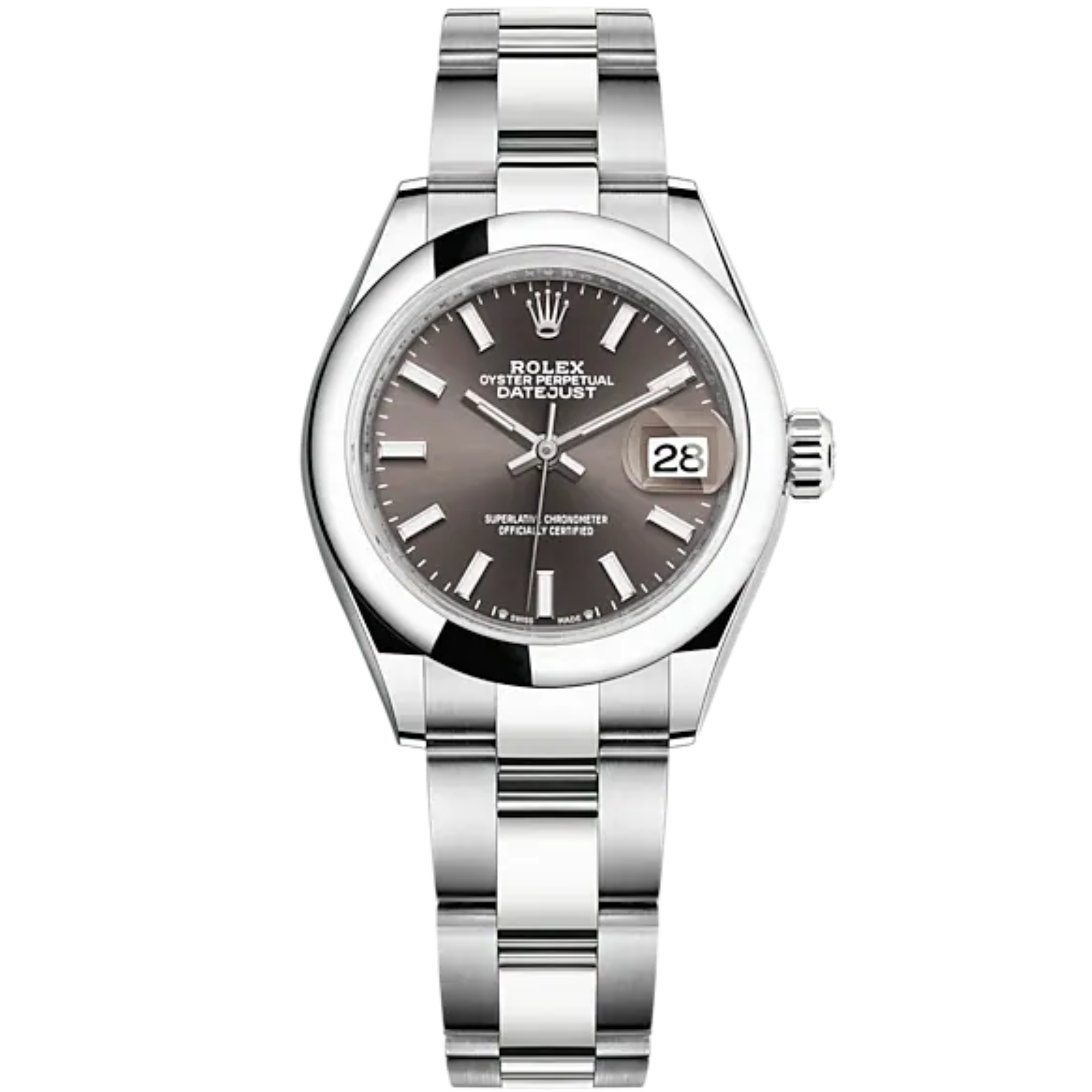 Lady-DateJust 28mm Oyster Oystersteel Bracelet and Dark Grey Dial with Domed Bezel - Rolex