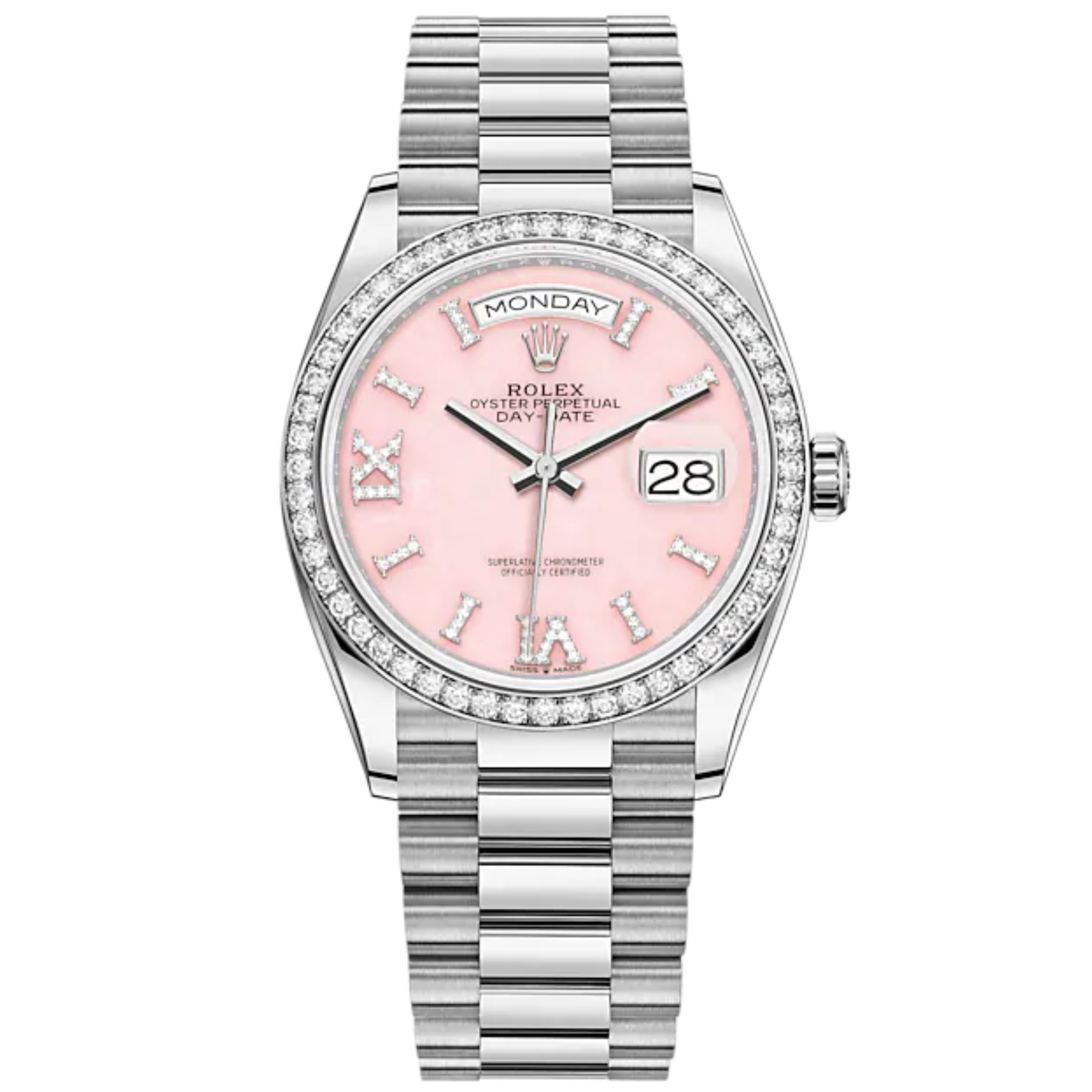 Day-Date 36 36mm President Bracelet and 18 KT White Gold with Pink Opal Dial Diamond-Set Dial Diamond-Set Bezel - Rolex