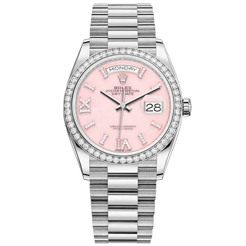 Day-Date 36 36mm President Bracelet and 18 KT White Gold with Pink Opal Dial Diamond-Set Dial Diamond-Set Bezel - Rolex