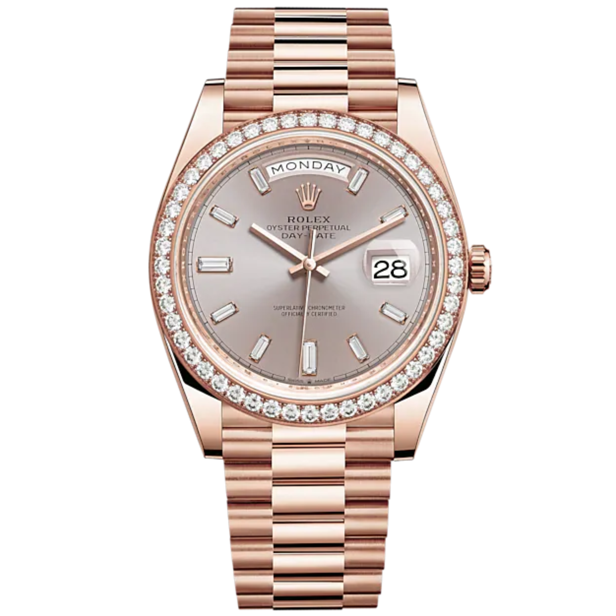 Day-Date 40 40mm President Bracelet and 18 KT Everose Gold with Sundust Diamond-Set Dial and Diamond-Set Bezel - Rolex