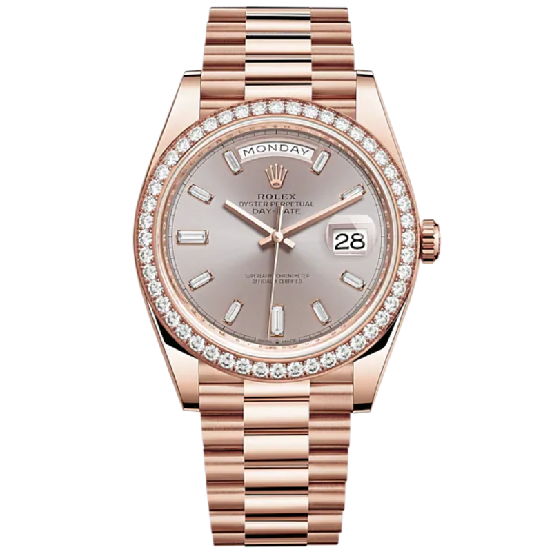 Day-Date 40 40mm President Bracelet and 18 KT Everose Gold with Sundust Diamond-Set Dial and Diamond-Set Bezel - Rolex
