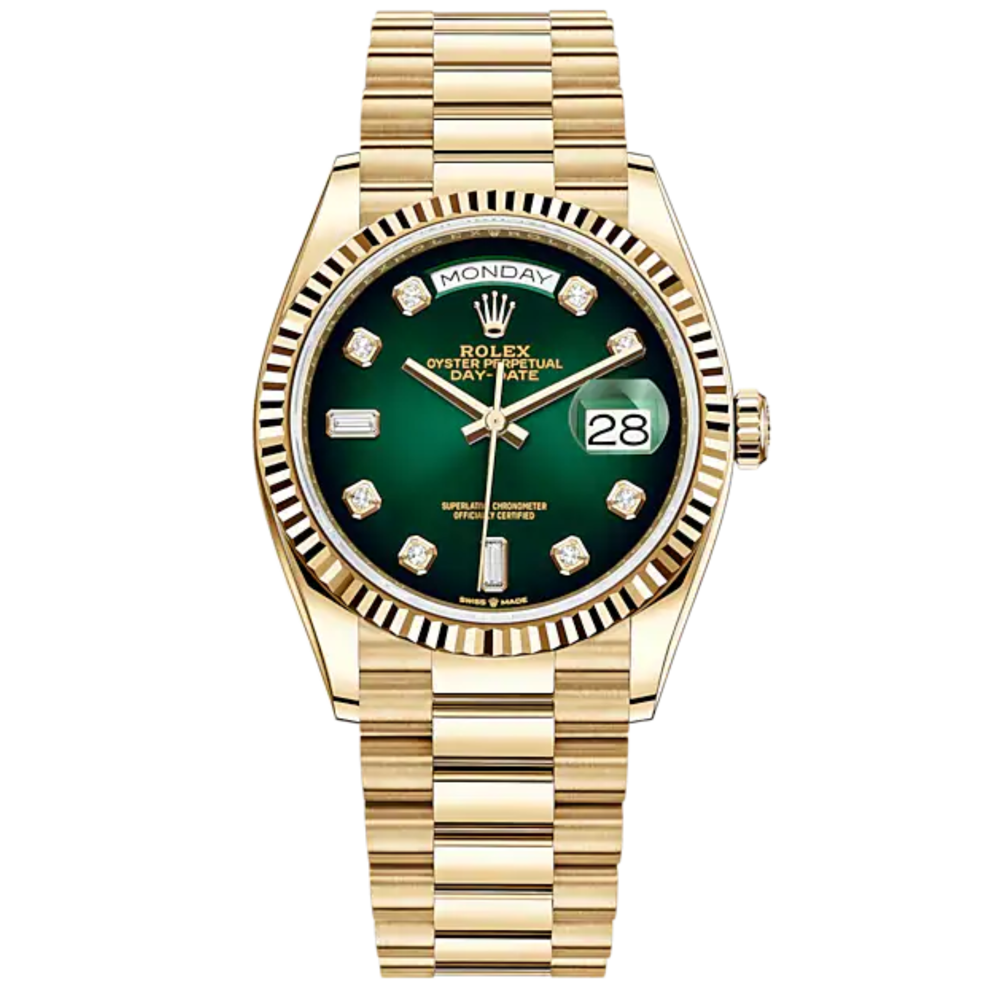 Day-Date 36 36mm President Bracelet and 18 KT Yellow Gold with Green Ombré Diamond-Set Dial Fluted Bezel - Rolex