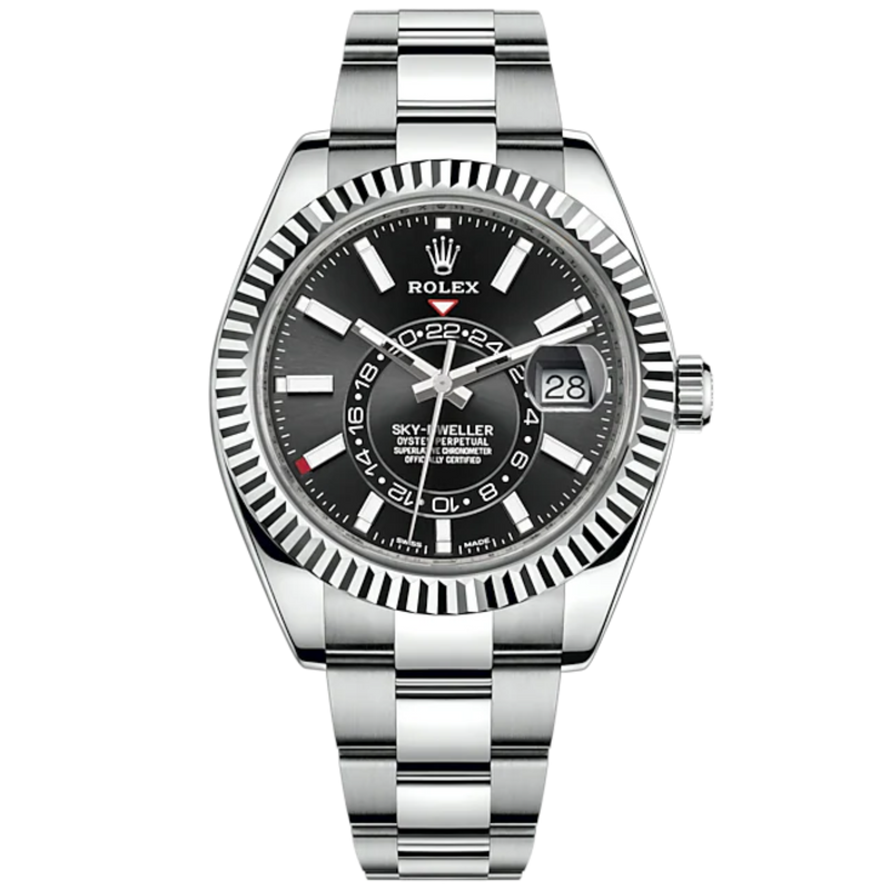 Sky-Dweller 42mm Oyster Bracelet Oystersteel and White Gold with Bright Black Dial Fluted Bezel - Rolex
