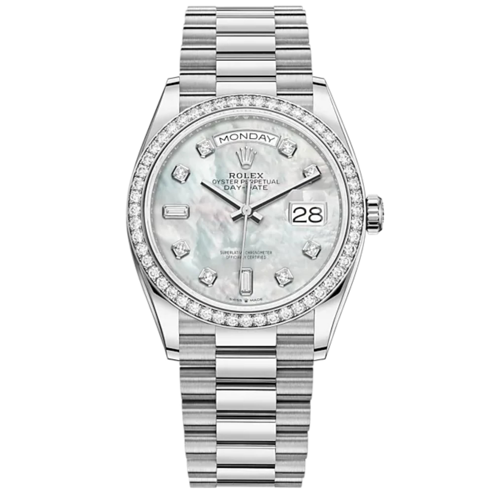 Day-Date 36 36mm President Bracelet and 18 KT White Gold with White Mother-of-Pearl Dial Diamond-Set Dial and Bezel - Rolex