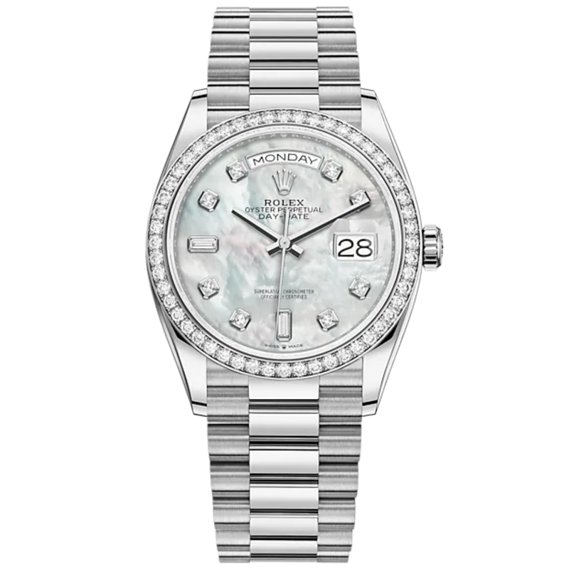 Day-Date 36 36mm President Bracelet and 18 KT White Gold with White Mother-of-Pearl Dial Diamond-Set Dial and Bezel - Rolex