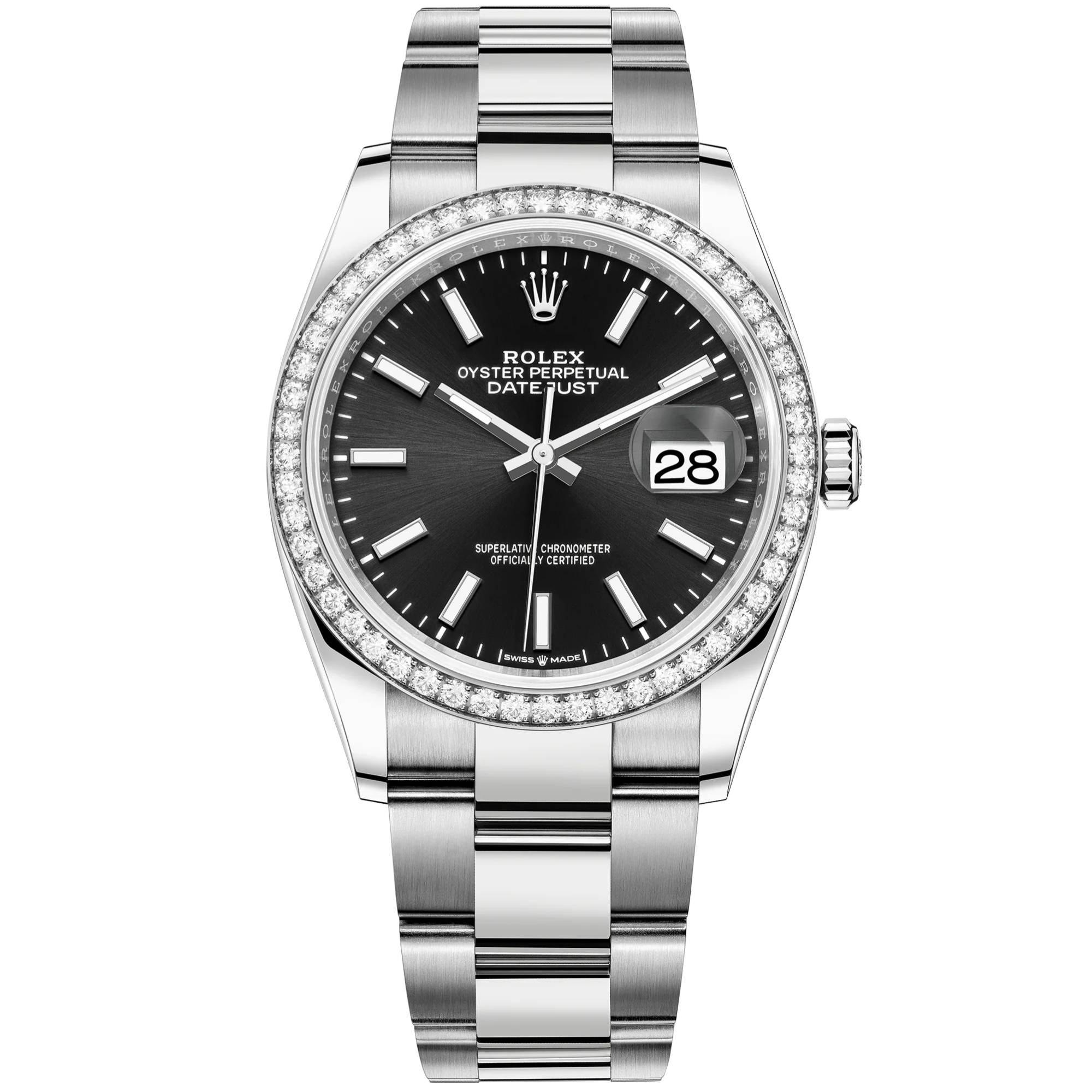 Rolex Datejust Ref. 126284RBR 36mm Oystersteel Bracelet with Black Stick Dial and Factory Diamond Bezel - Rolex
