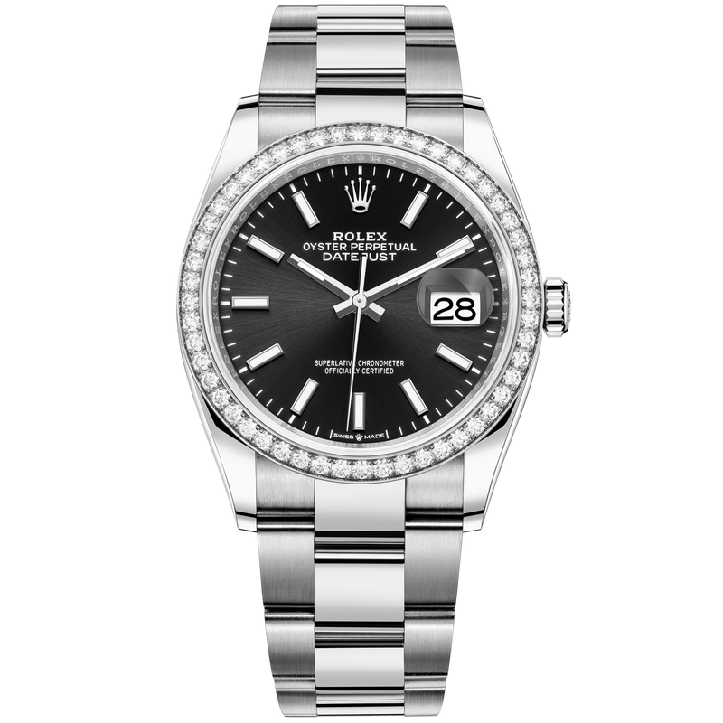 Datejust 36 36mm Oystersteel and White Gold Oyster Bracelet Bright Black Dial Diamond-set Bezel - Rolex