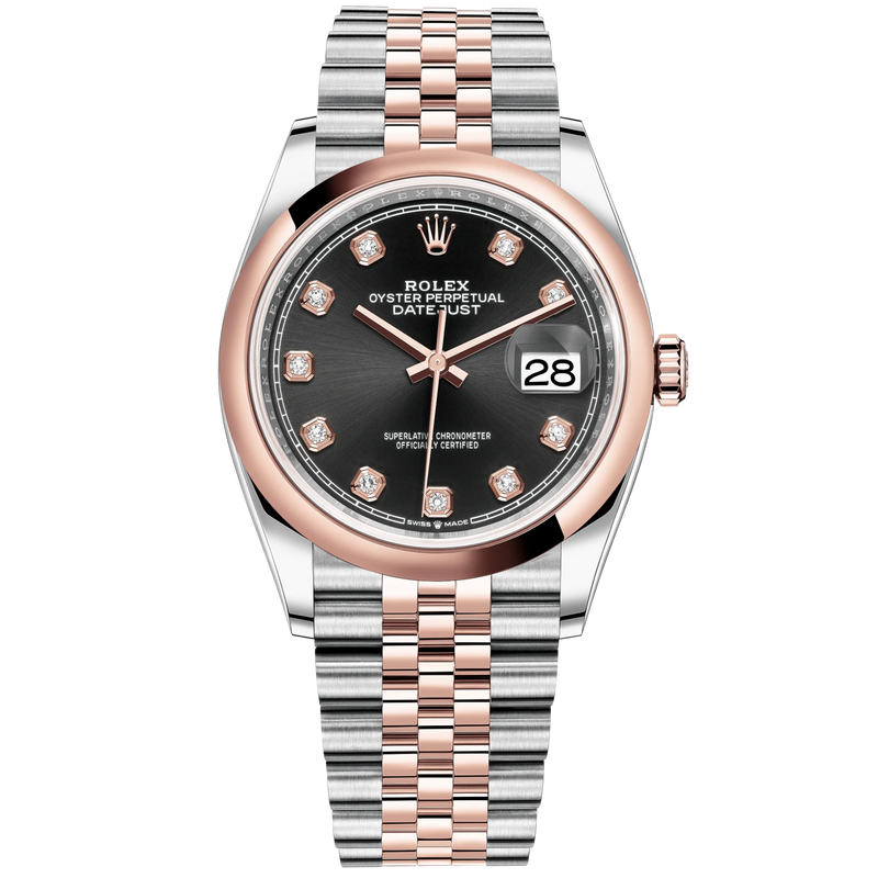 Datejust 36 36mm Oystersteel and Everose Gold Jubilee Bracelet Bright Black Diamond-set Dial Domed Bezel - Rolex