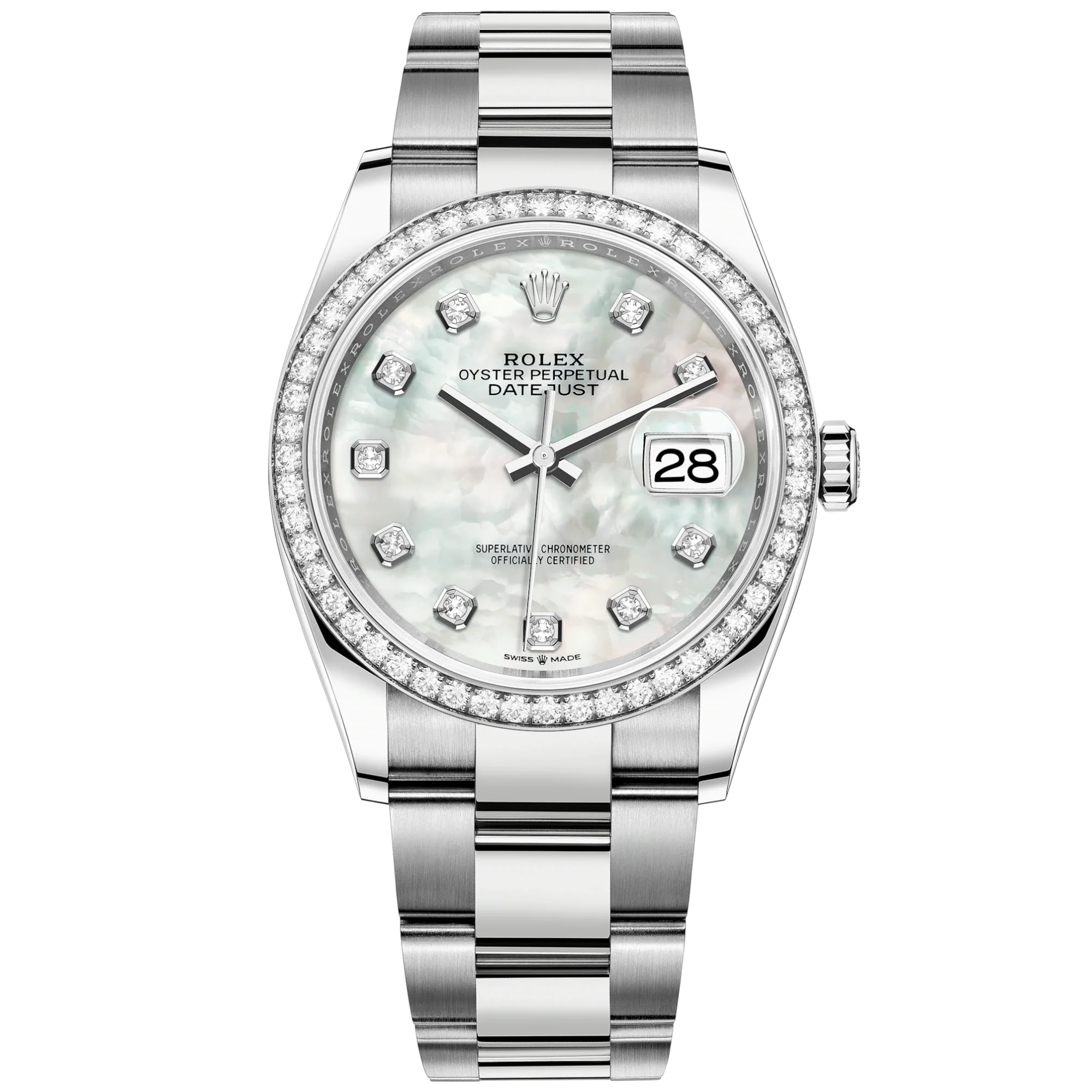 Datejust 36 36mm Oystersteel and White Gold Oyster Bracelet White Mother-of-Pearl Diamond-set Dial Diamond-set Bezel - Rolex
