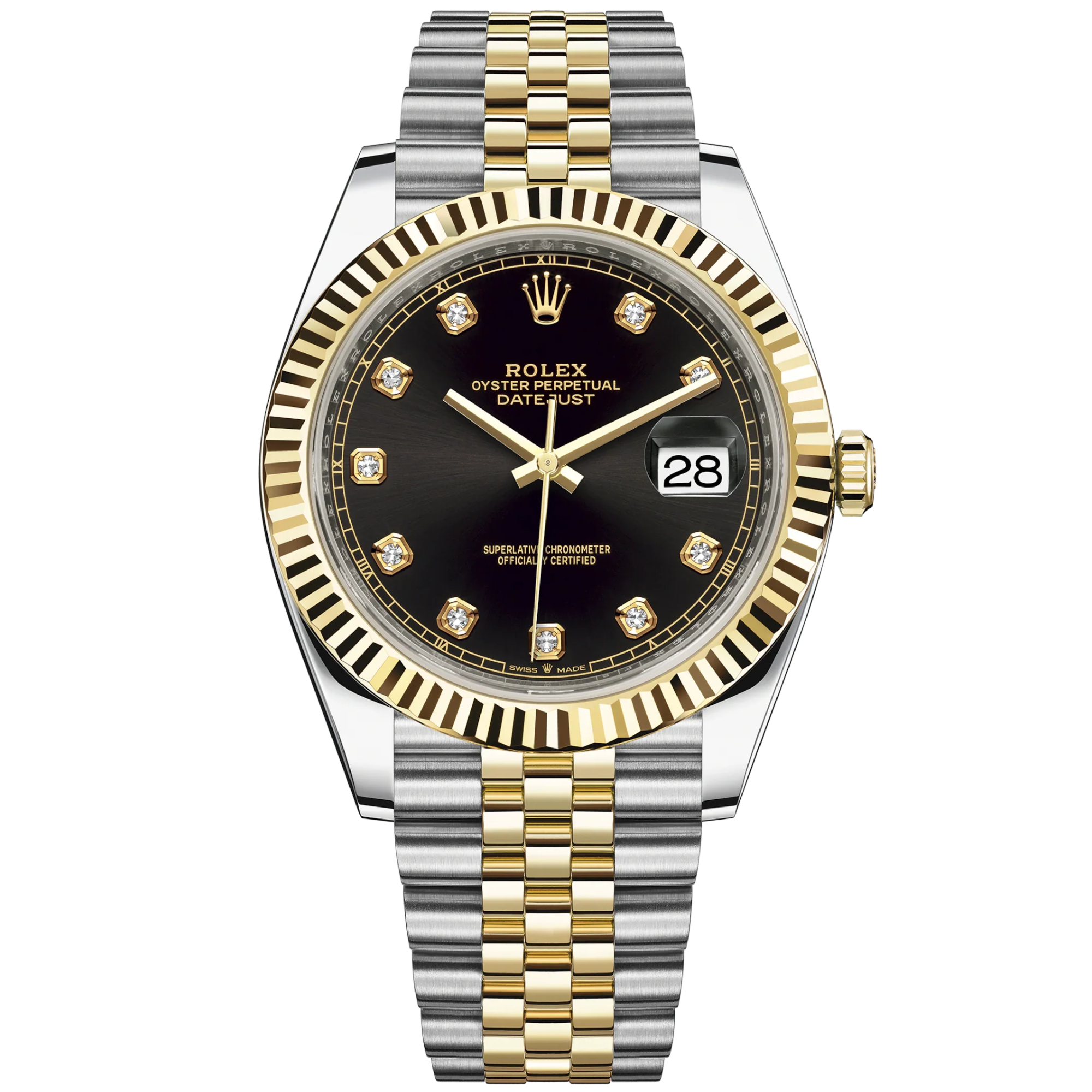 Datejust 41 41mm Jubilee Bracelet Oystersteel and Yellow Gold with Bright Black Diamond-Set Dial Fluted Bezel - Rolex