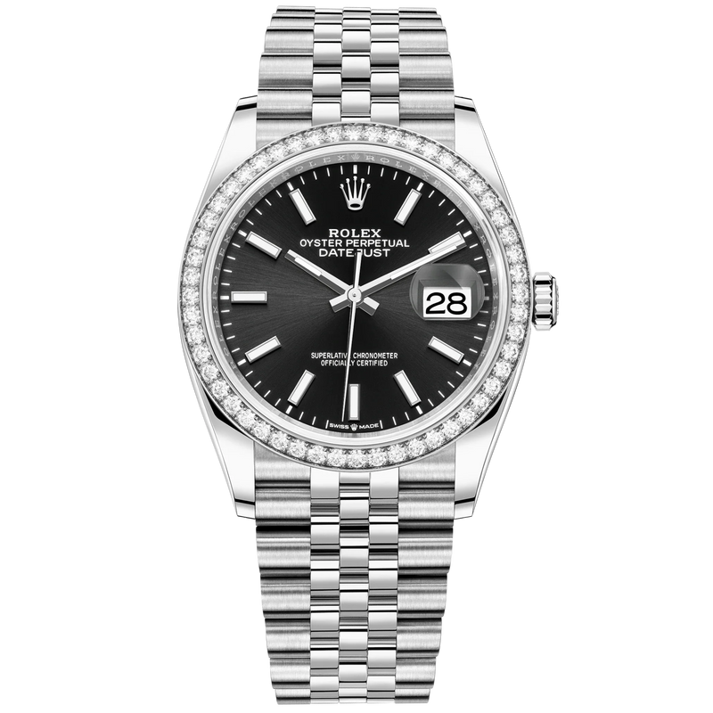 Datejust 36 36mm Oystersteel and White Gold Jubilee Bracelet Bright Black Dial Diamond-set Bezel - Rolex