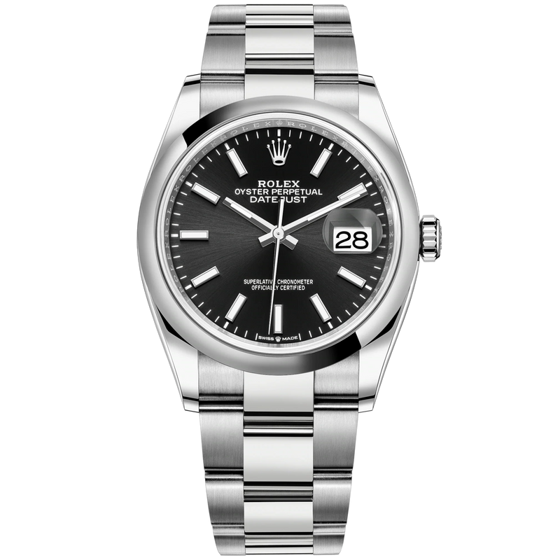 Datejust 36 36mm Oystersteel Oyster Bracelet Bright Black Dial Domed Bezel - Rolex
