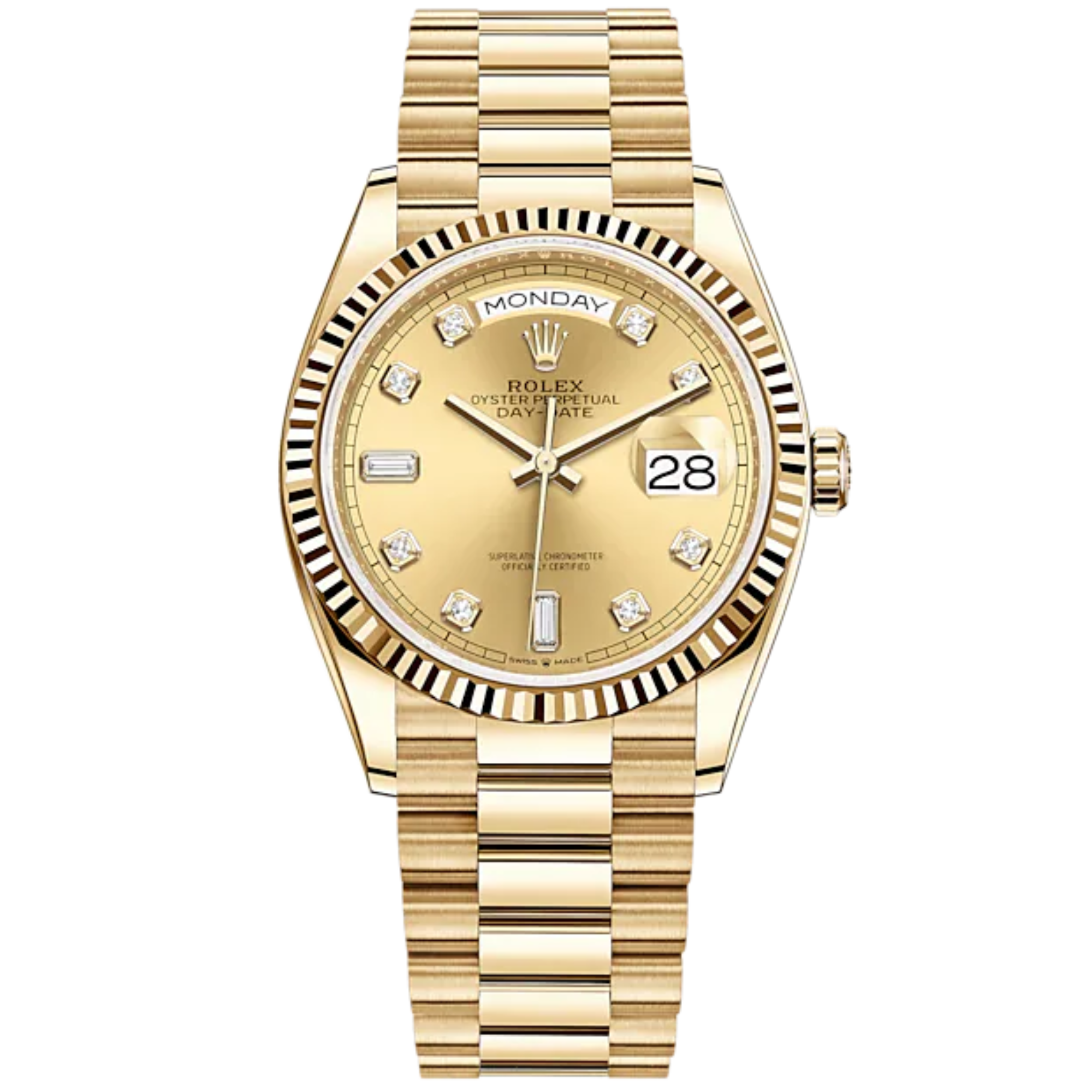 Day-Date 36 36mm President Bracelet and 18 KT Yellow Gold with Champagne-Colour Diamond Marker Dial Fluted Bezel - Rolex