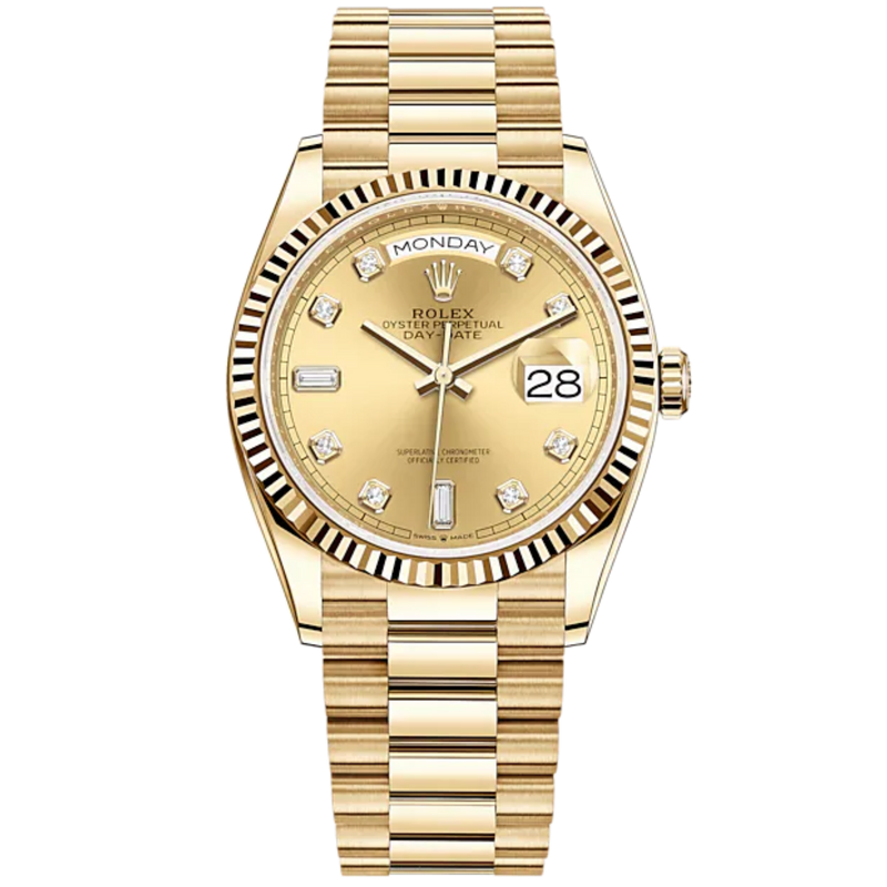Day-Date 36 36mm President Bracelet and 18 KT Yellow Gold with Champagne-Colour Diamond Marker Dial Fluted Bezel - Rolex
