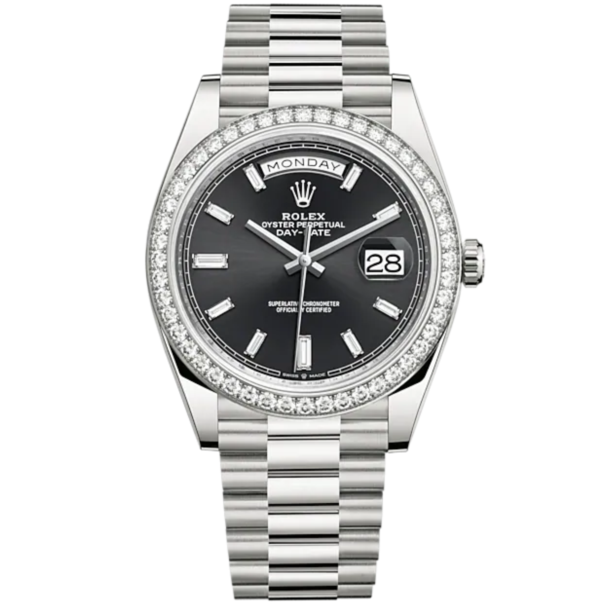 Day-Date 40 40mm President Bracelet and 18 KT White Gold with Bright Black Dial Diamond-Set Dial and Bezel - Rolex