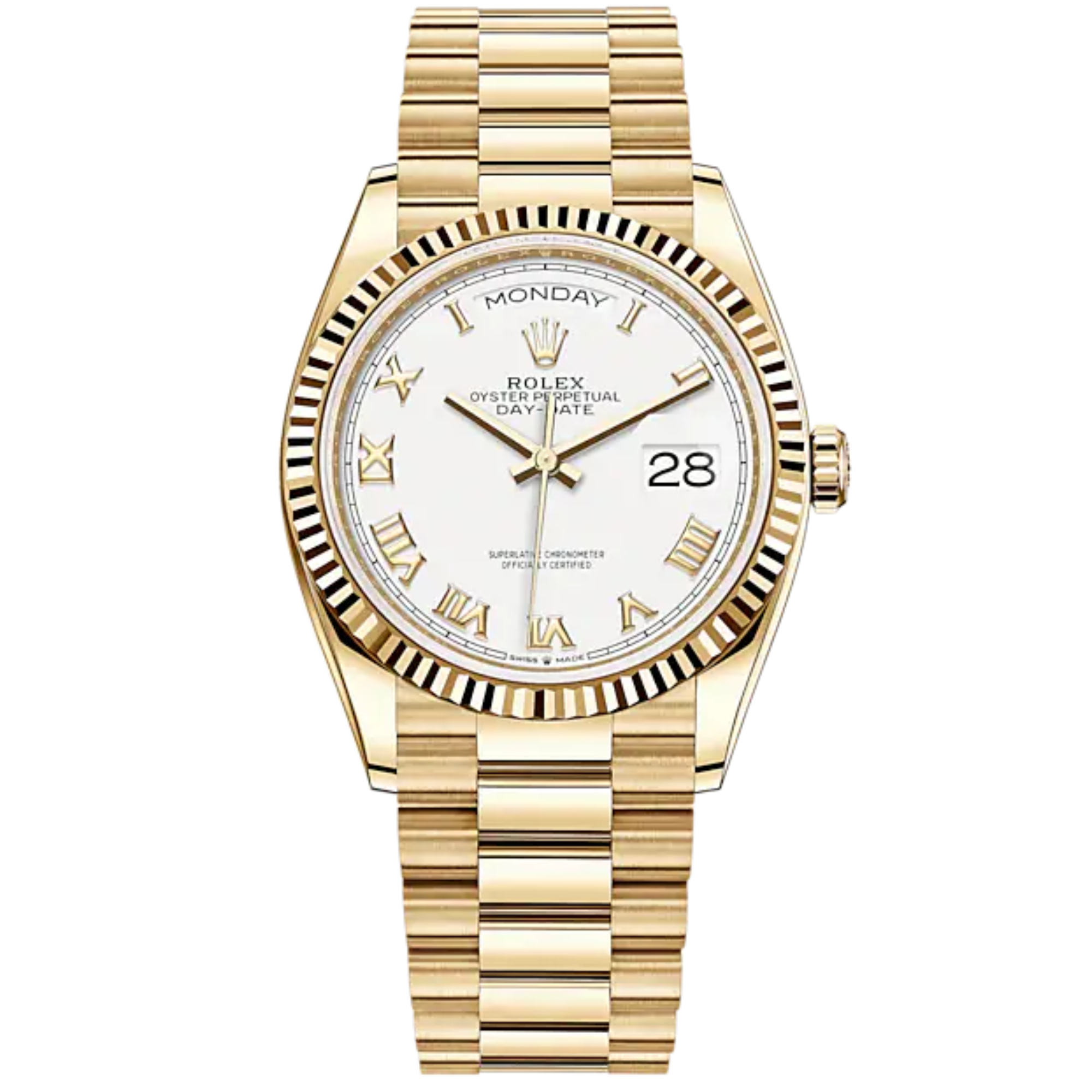 Day-Date 36 36mm President Bracelet and 18 KT Yellow Gold with White Roman Dial Fluted Bezel - Rolex