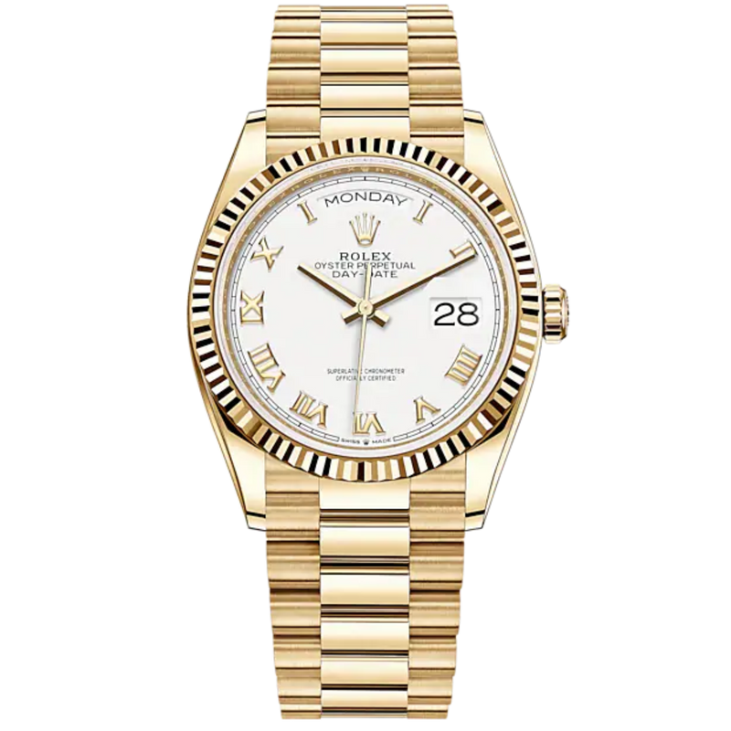 Day-Date 36 36mm President Bracelet and 18 KT Yellow Gold with White Roman Dial Fluted Bezel - Rolex