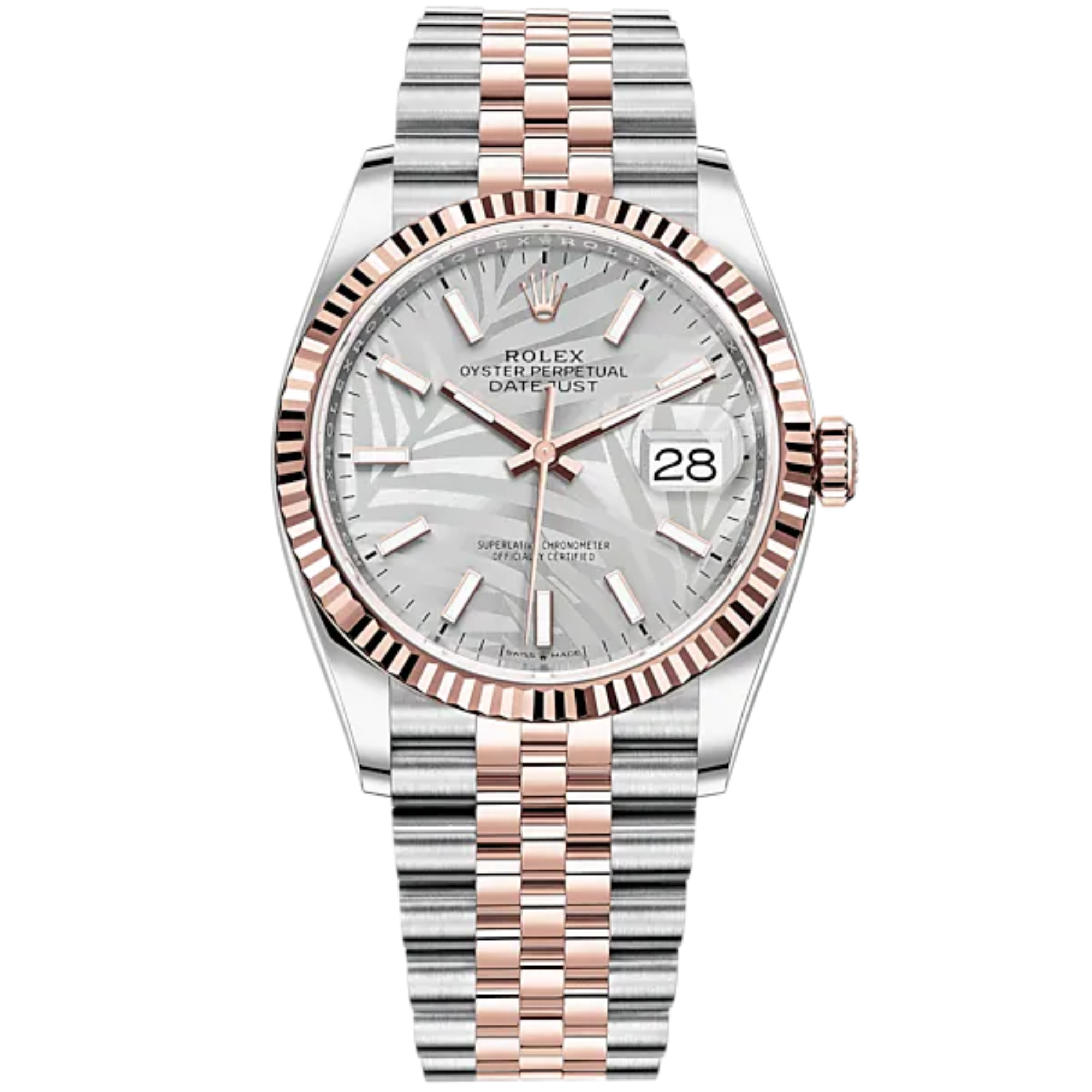 Datejust 36 36mm Oystersteel and Everose Gold Jubilee Bracelet Silver Palm-Motif Dial Fluted Bezel - Rolex