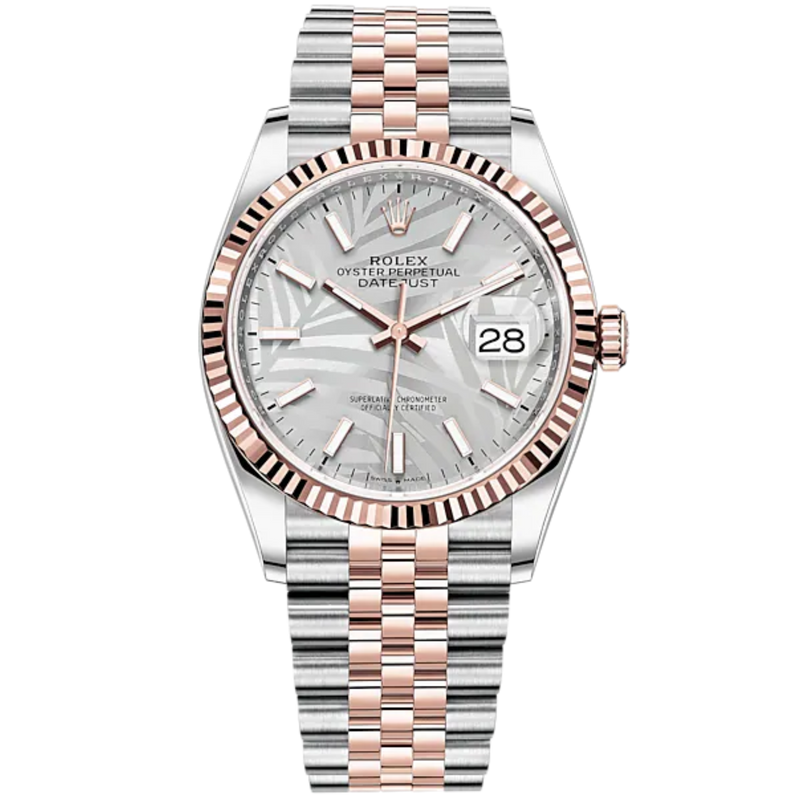 Datejust 36 36mm Oystersteel and Everose Gold Jubilee Bracelet Silver Palm-Motif Dial Fluted Bezel - Rolex