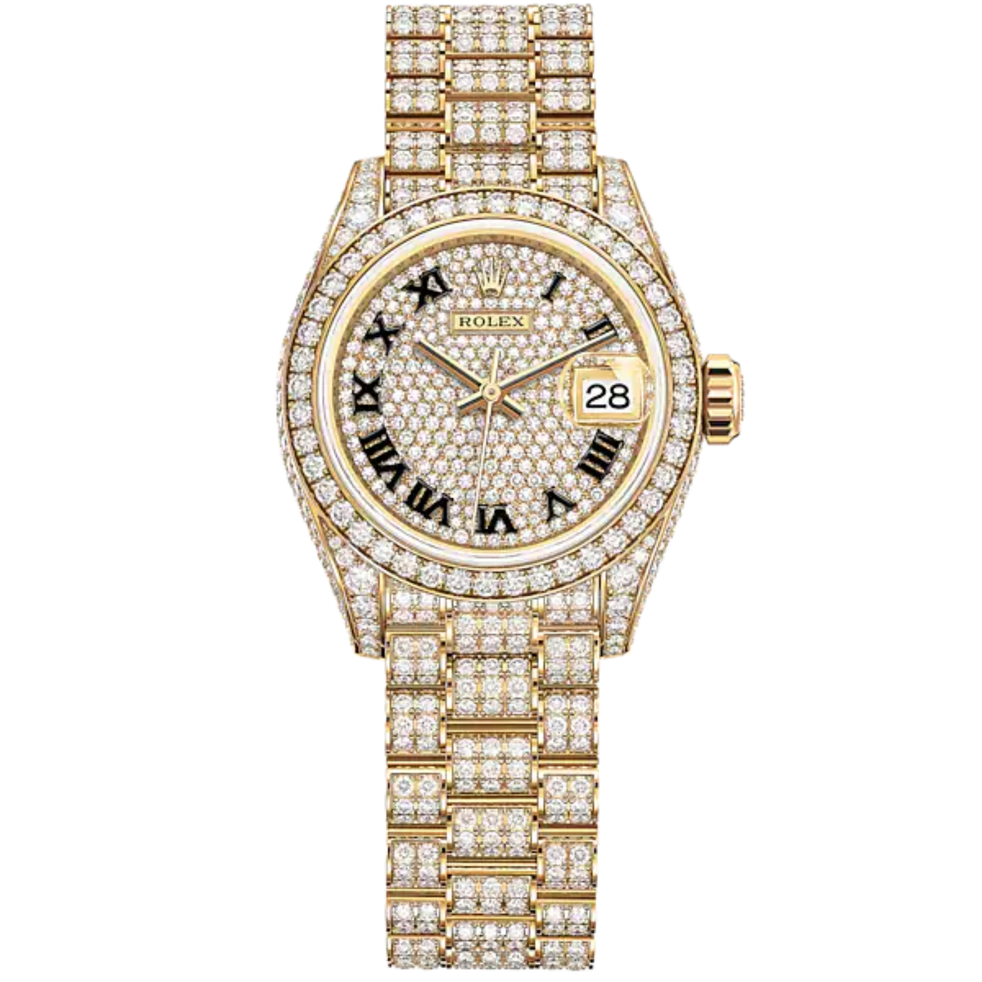 Lady-DateJust 28mm Diamond-Set President Bracelet and 18 KT Yellow Gold with Diamond-Paved Dial and Diamond-Set Bezel - Rolex