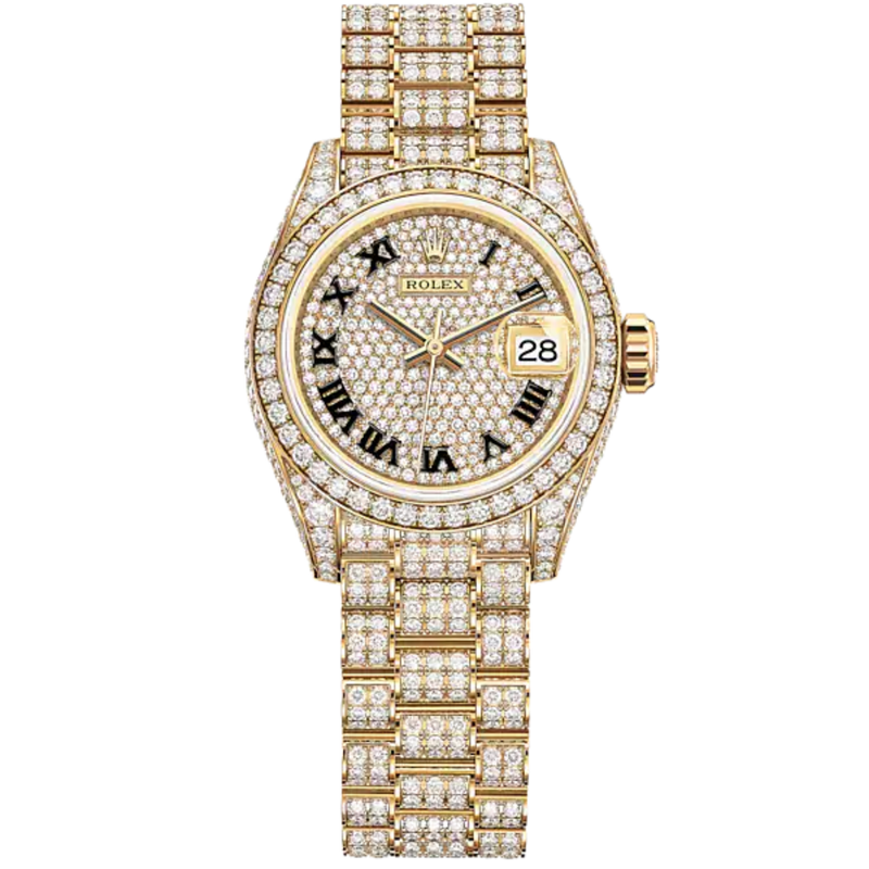 Lady-DateJust 28mm Diamond-Set President Bracelet and 18 KT Yellow Gold with Diamond-Paved Dial and Diamond-Set Bezel - Rolex
