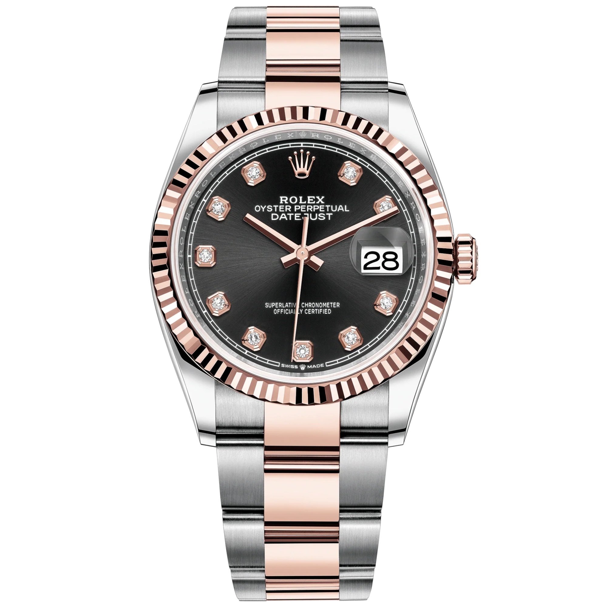 Datejust 36 36mm Oystersteel and Everose Gold Oyster Bracelet Bright Black Diamond-set Dial Fluted Bezel - Rolex