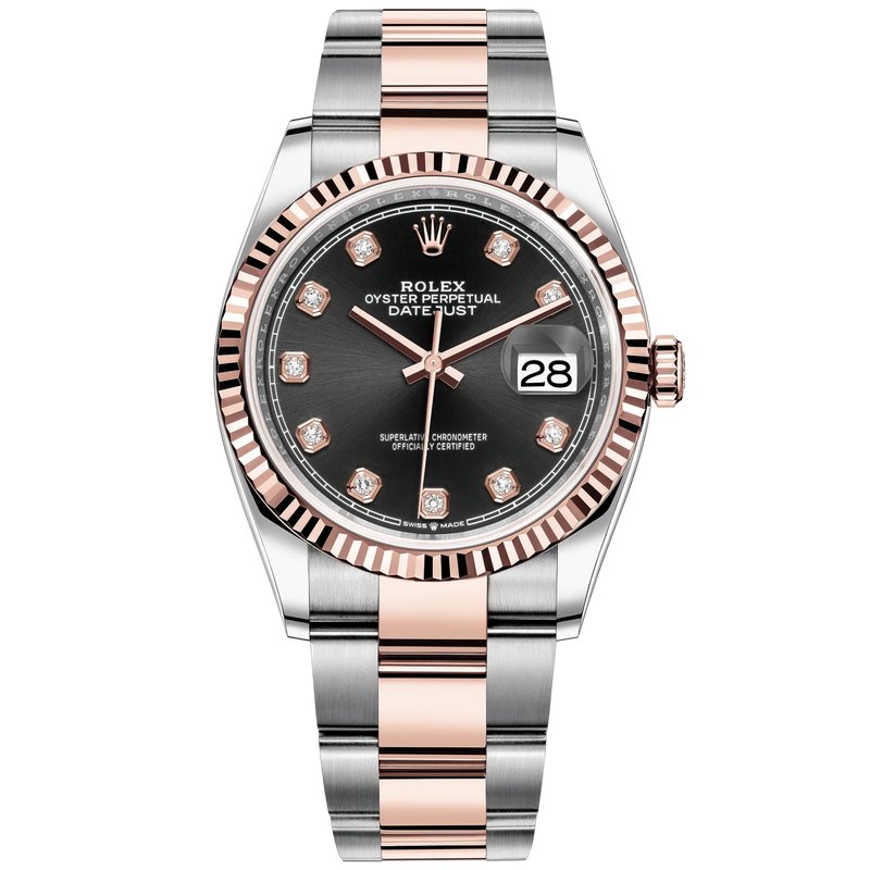 Datejust 36 36mm Oystersteel and Everose Gold Oyster Bracelet Bright Black Diamond-set Dial Fluted Bezel - Rolex