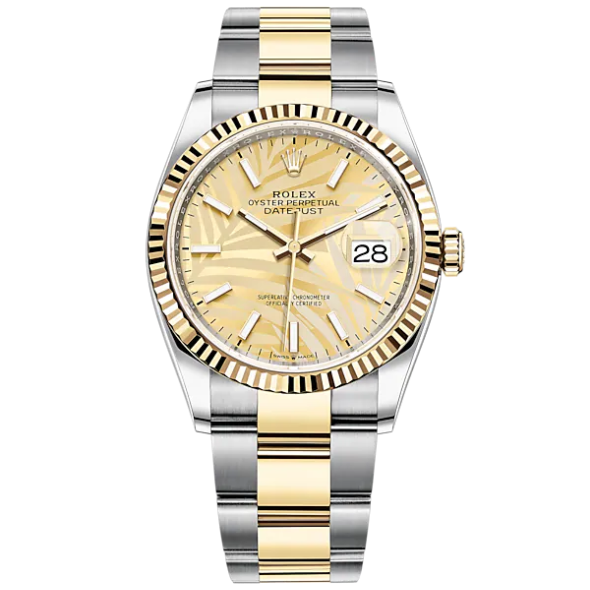 Datejust 36 36mm Oystersteel and Yellow Gold Oyster Bracelet Golden Palm-Motif Dial Fluted Bezel - Rolex
