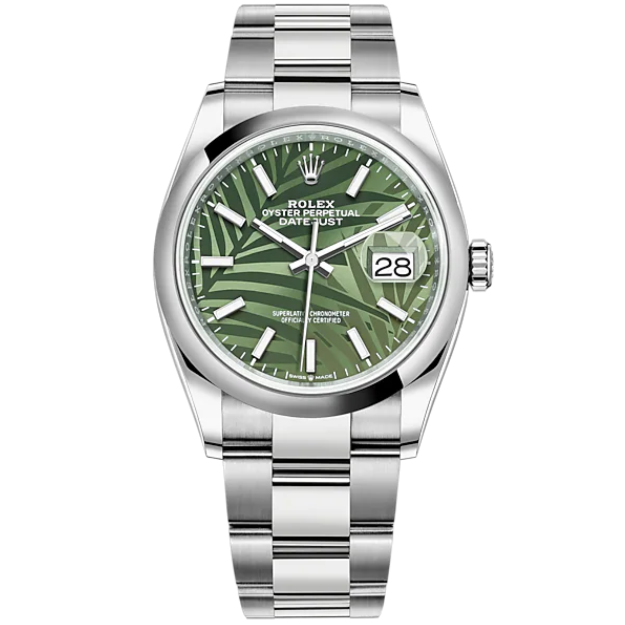 Datejust 36 36mm Oystersteel Oyster Bracelet Olive Green Palm-Motif Dial Domed Bezel - Rolex