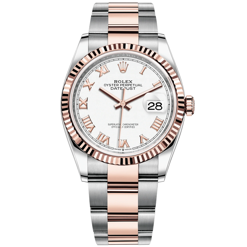 Datejust 36 36mm Oystersteel and Everose Gold Oyster Bracelet White Dial Fluted Bezel - Rolex