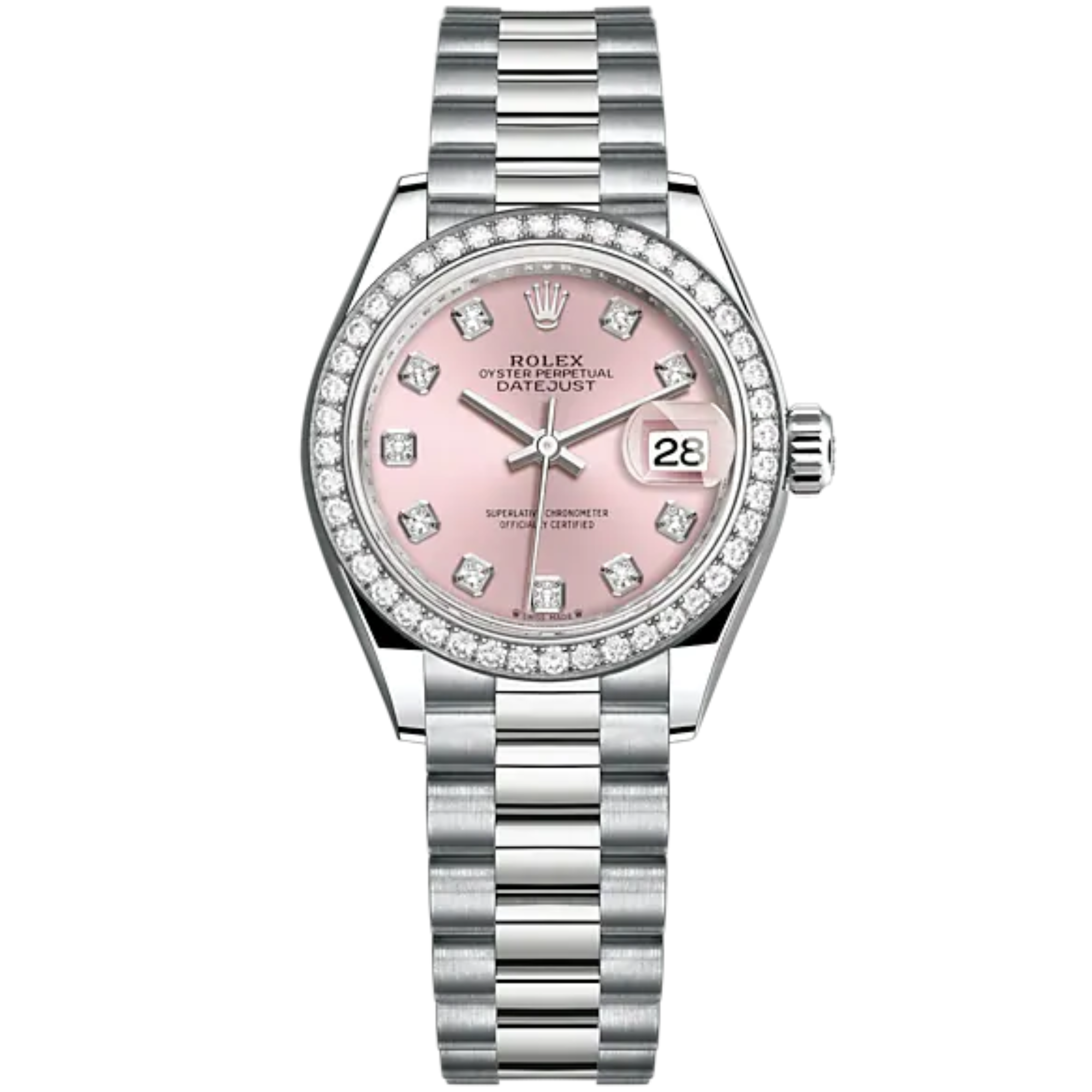 Lady-DateJust 28mm President Bracelet and 18 KT White Gold with Pink Dial Diamond-Set Dial and Diamond-Set Bezel - Rolex