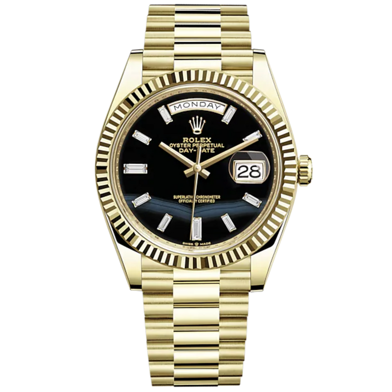 Day-Date 40 40mm President Bracelet and 18 KT Yellow Gold with Onyx Dial Diamond-Set Dial and Fluted Bezel - Rolex