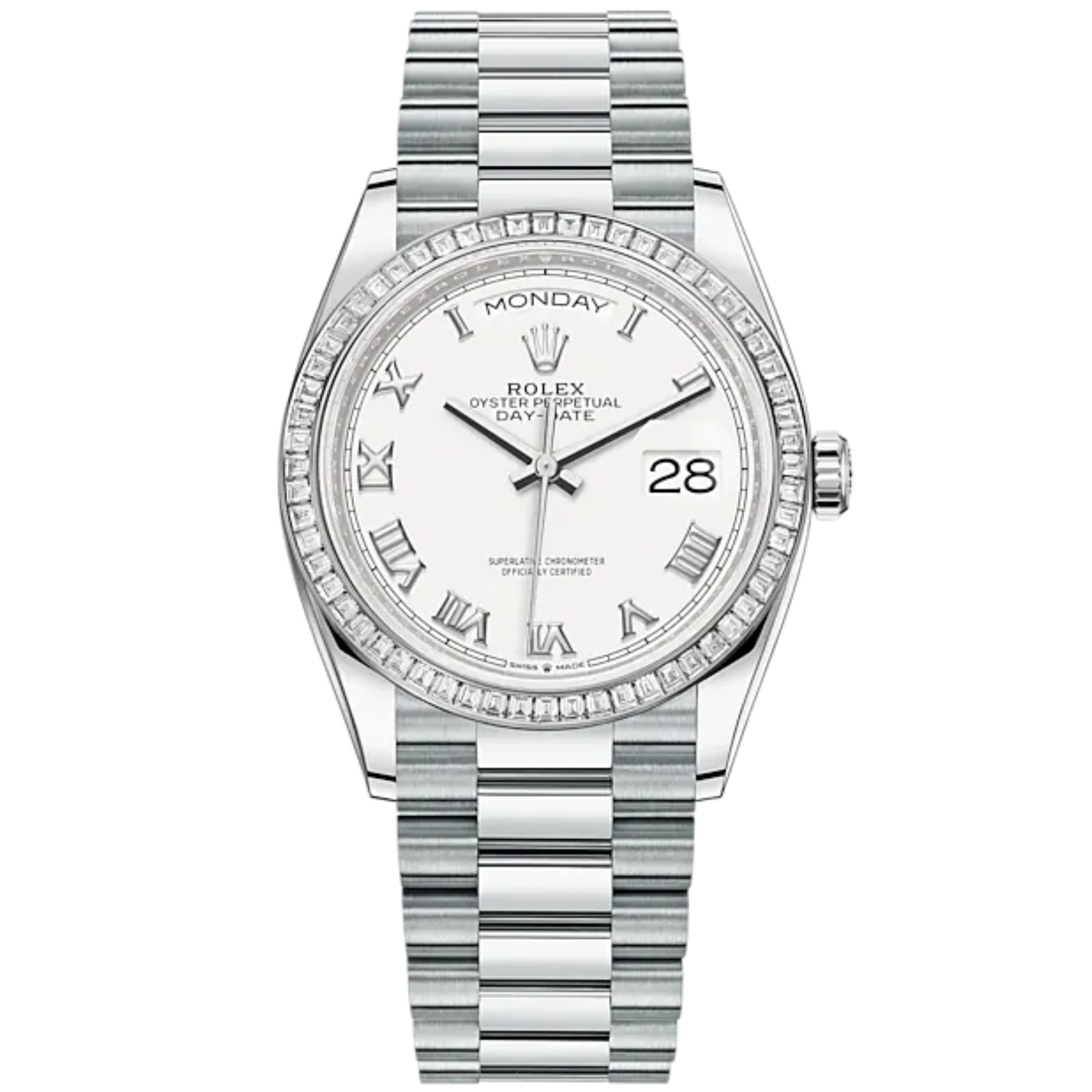 Day-Date 36 36mm President Bracelet and 18 KT White Gold with White Dial Diamond-Set Bezel - Rolex