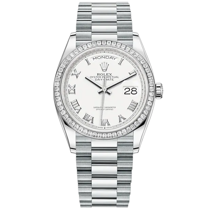 Day-Date 36 36mm President Bracelet and 18 KT White Gold with White Dial Diamond-Set Bezel - Rolex