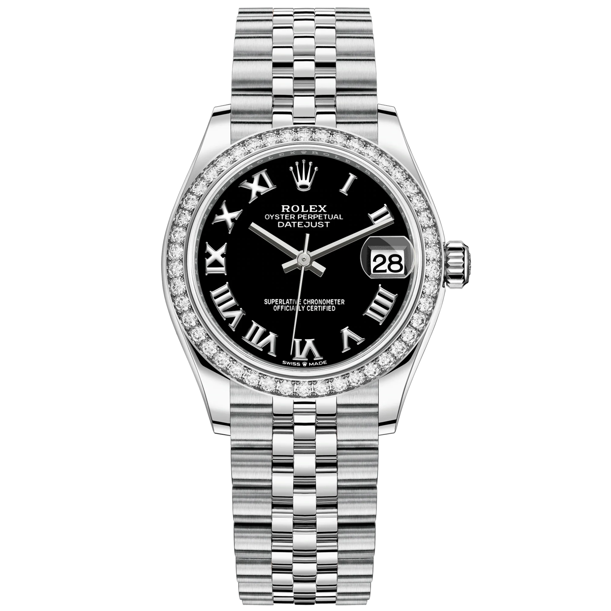 Datejust 31 31mm Jubilee Bracelet Oystersteel and White Gold with Bright Black Dial Diamond-Set Bezel - Rolex