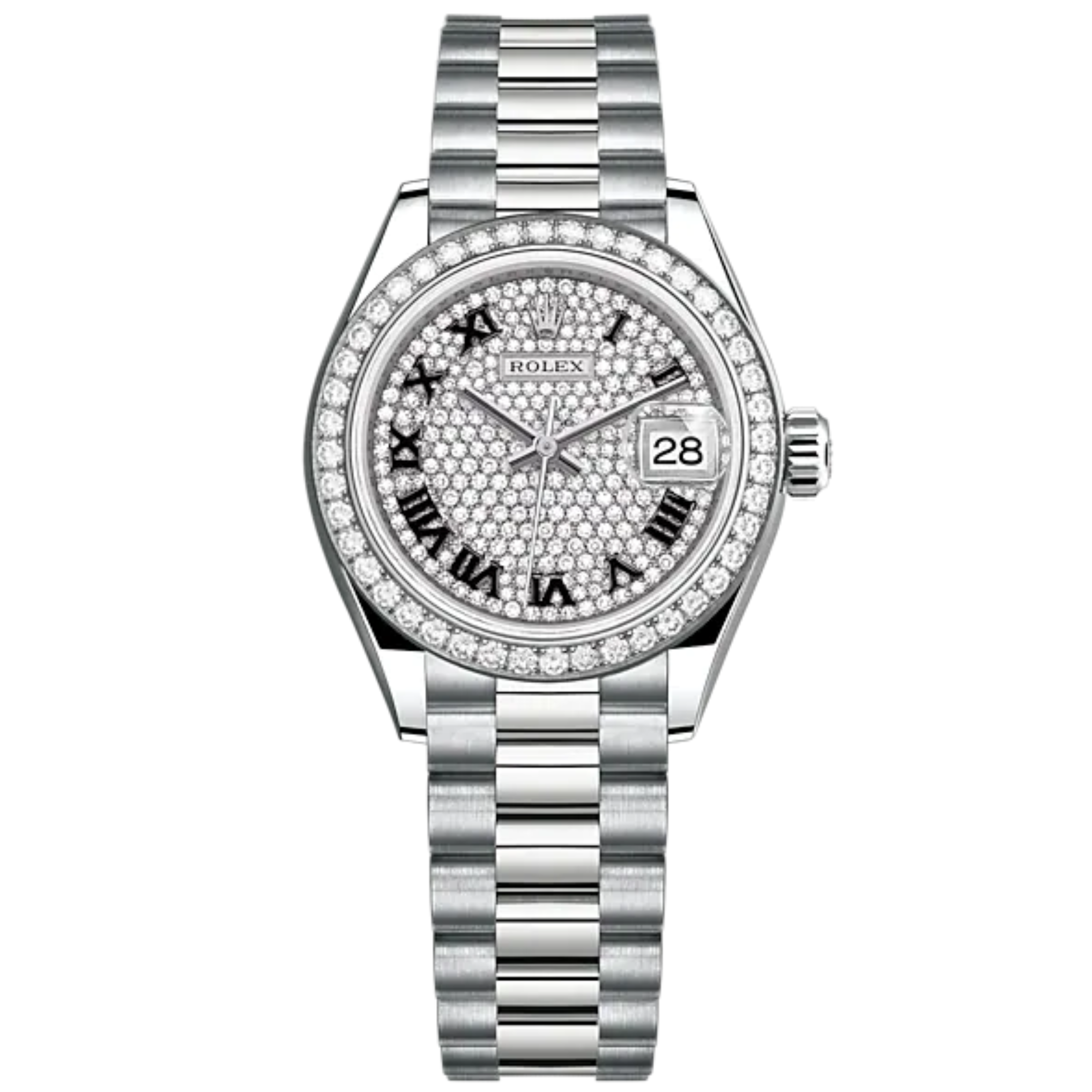 Lady-DateJust 28mm President Bracelet and 18 KT White Gold with Diamond-Paved Dial and Diamond-Set Bezel - Rolex