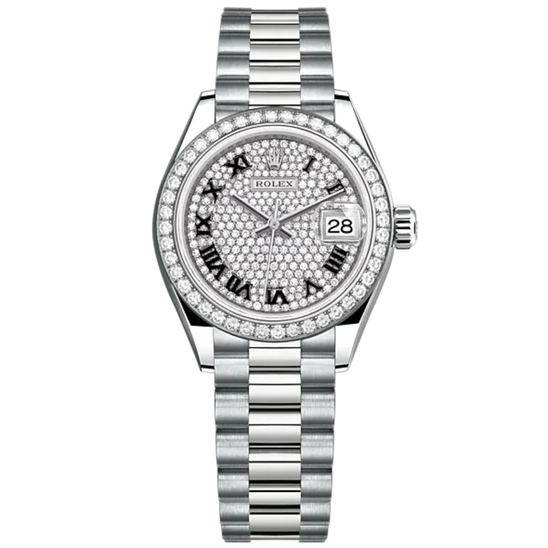 Lady-DateJust 28mm President Bracelet and 18 KT White Gold with Diamond-Paved Dial and Diamond-Set Bezel - Rolex