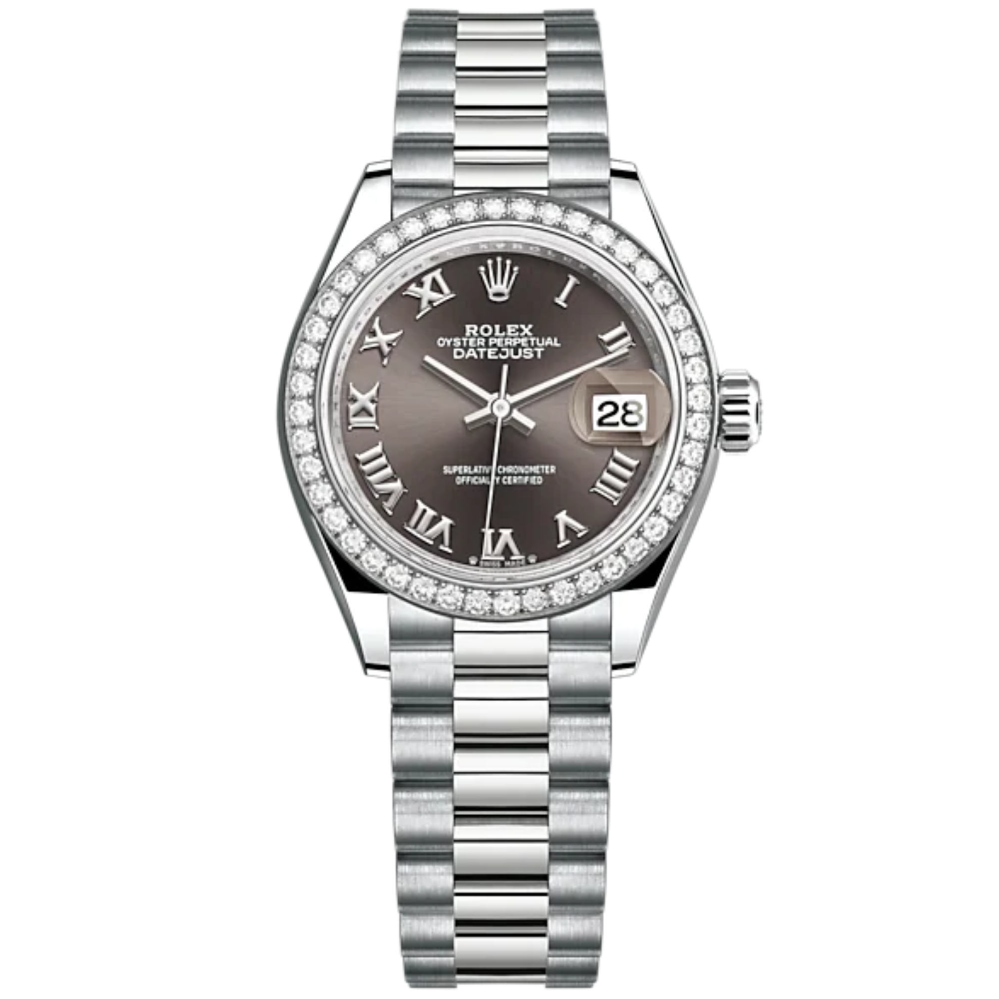 Lady-DateJust 28mm President Bracelet and 18 KT White Gold with Dark Grey Roman Dial and Diamond-Set Bezel - Rolex